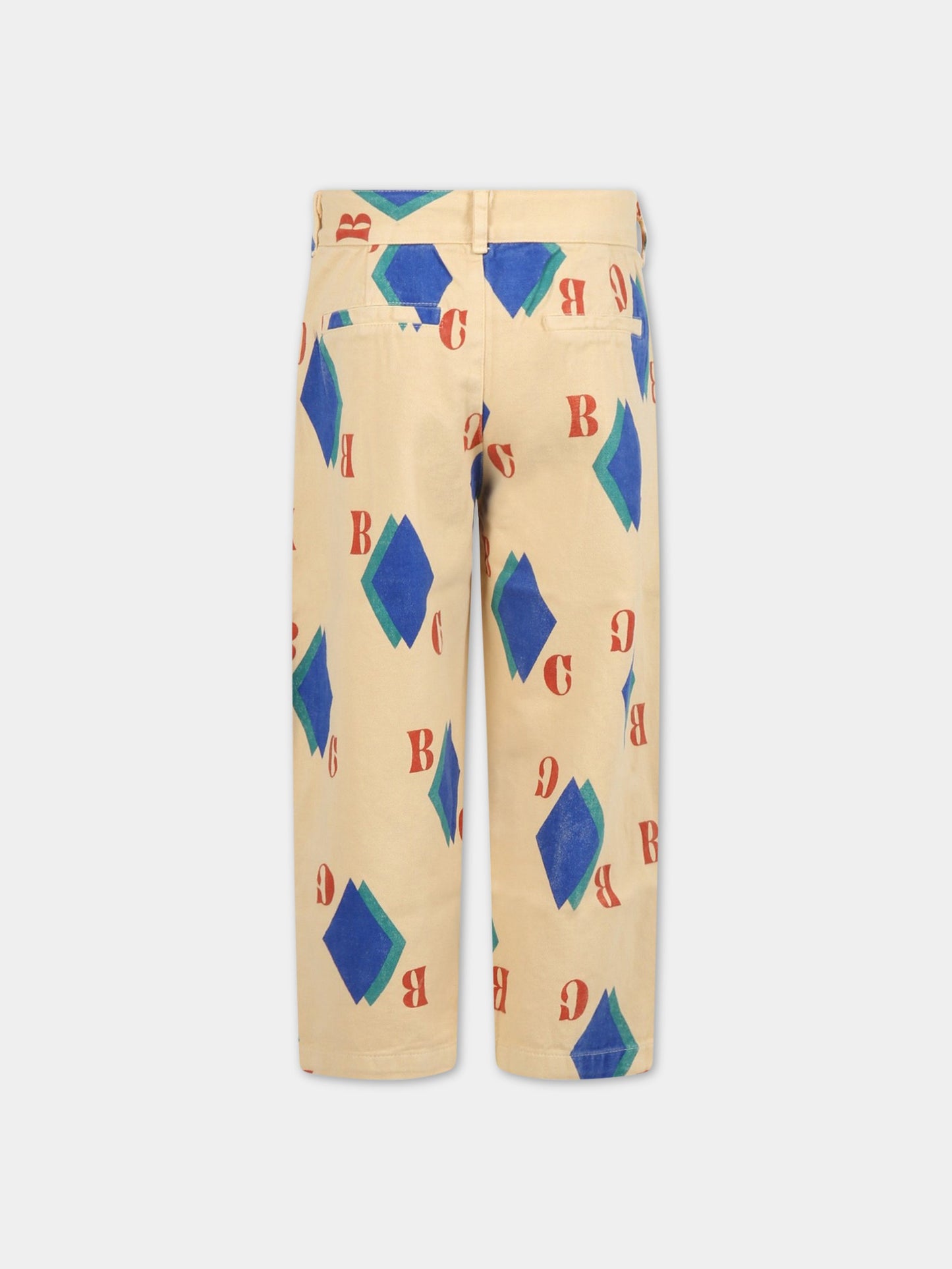 Pantaloni beige per bambino con rombi e logo rosso,Bobo Choses,222AC072