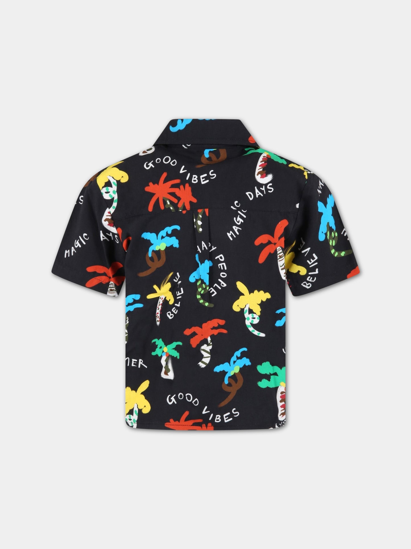 Camicia nera per bambino con palme e scritte bianche,Stella Mccartney Kids,TS5P31 Z0974 930MC