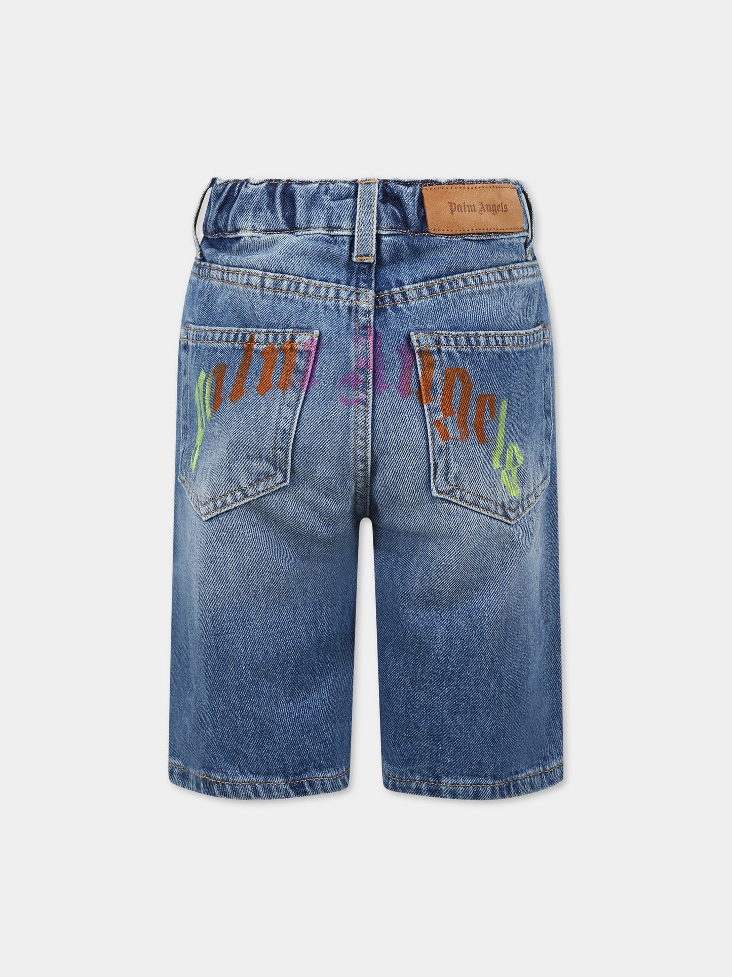 Shorts blu per bambino con logo multicolor,Palm Angels,PBYC001S23DEN0014584