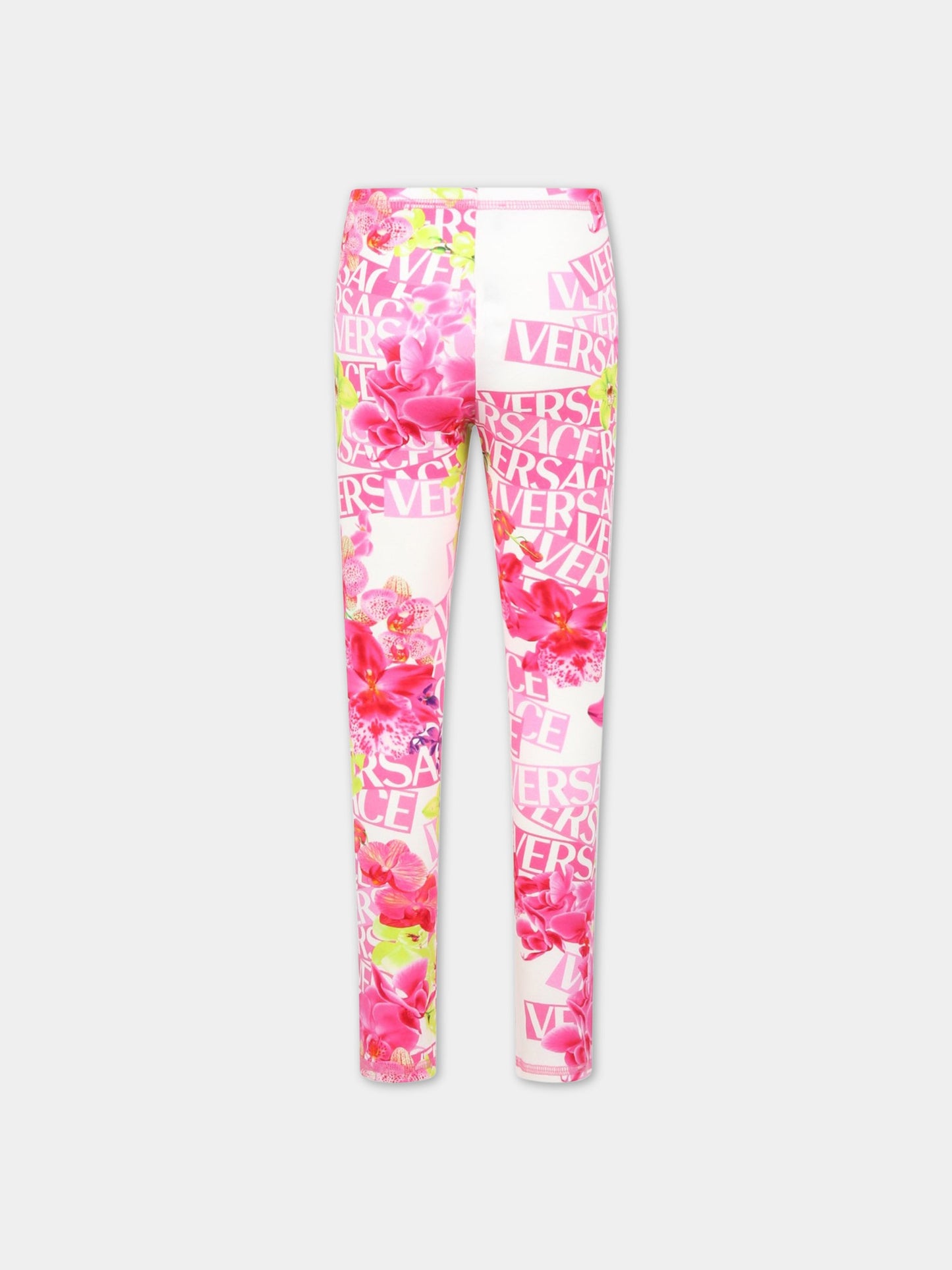 Leggings bianchi per bambina con logo e fiori,Versace,1000042 1A06474 5W020