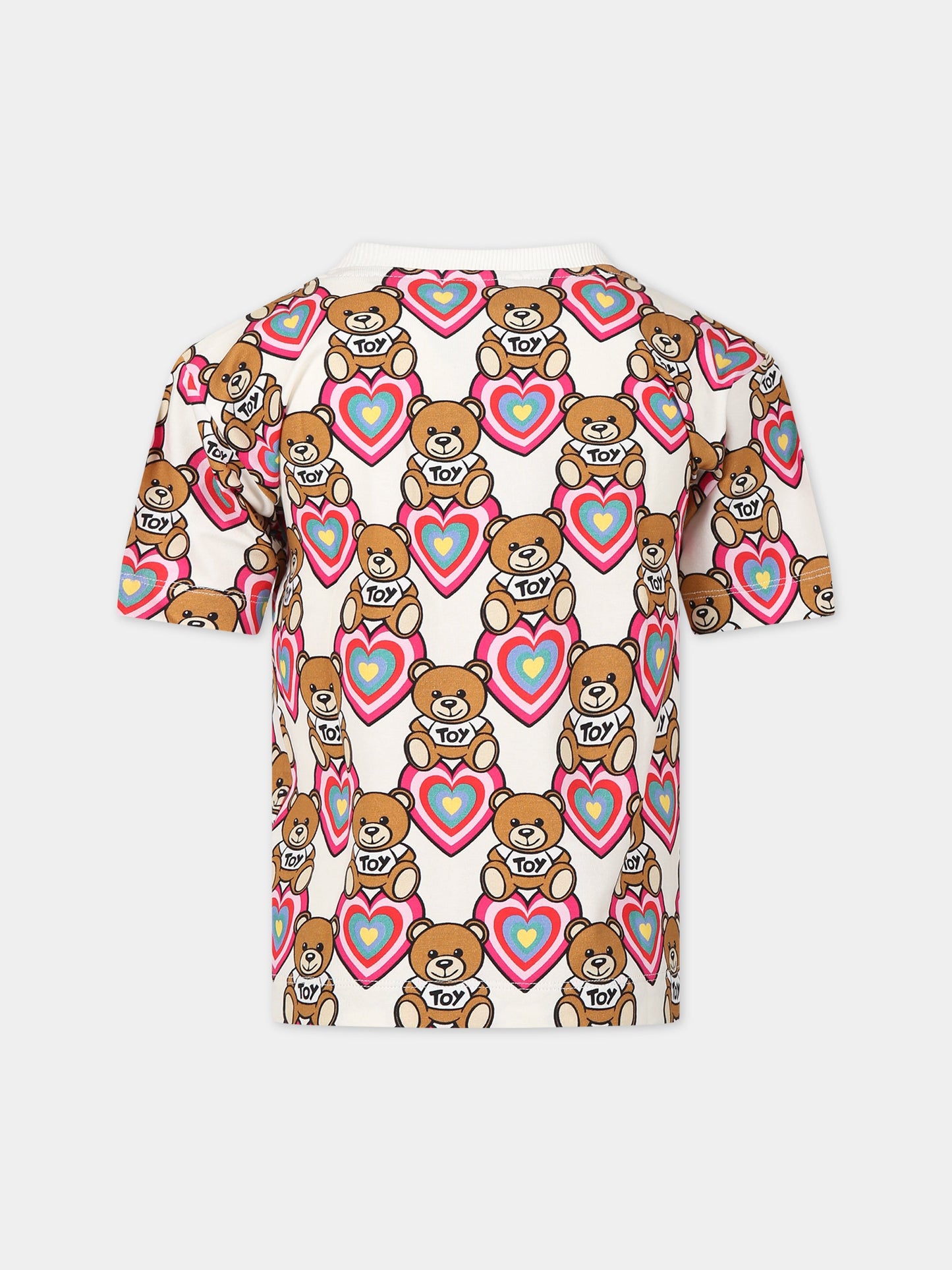 T-shirt bianca per bambina con Teddy Bear, cuore e logo,Moschino Kids,HKM02T LBBA8 83612