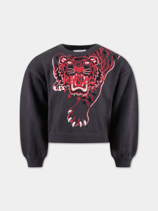 Maglione grigio per bambina con tigre rossa,Kenzo Kids,K15123 065