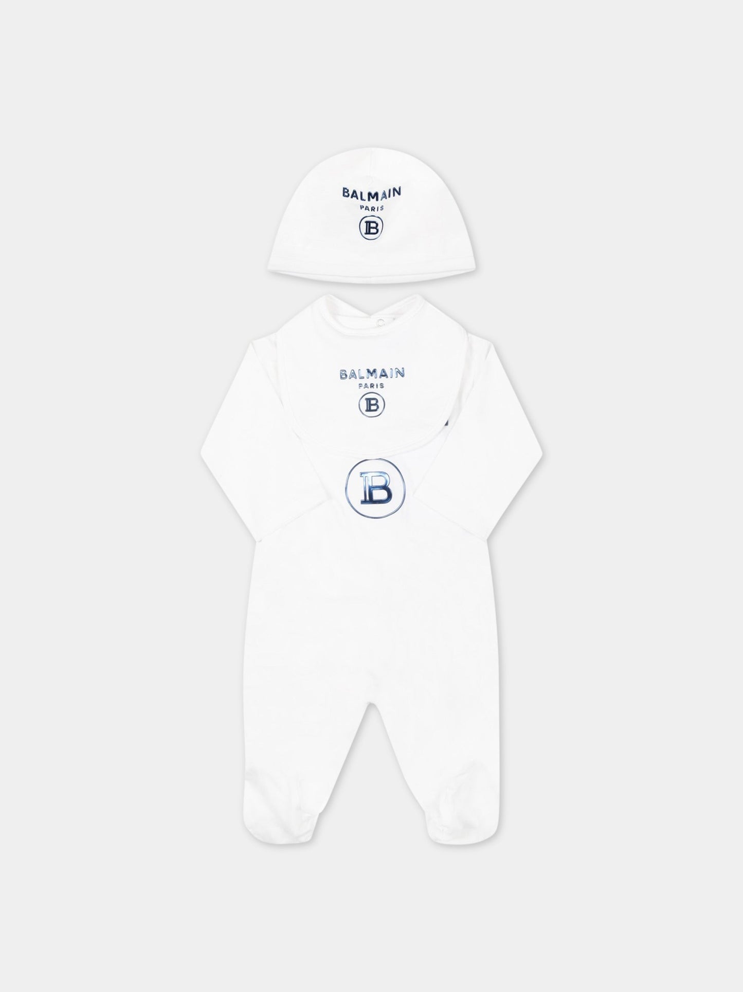 Set bianco per neonato con doppio logo blu,Balmain Kids,6Q8A50 Z0057 100AZ