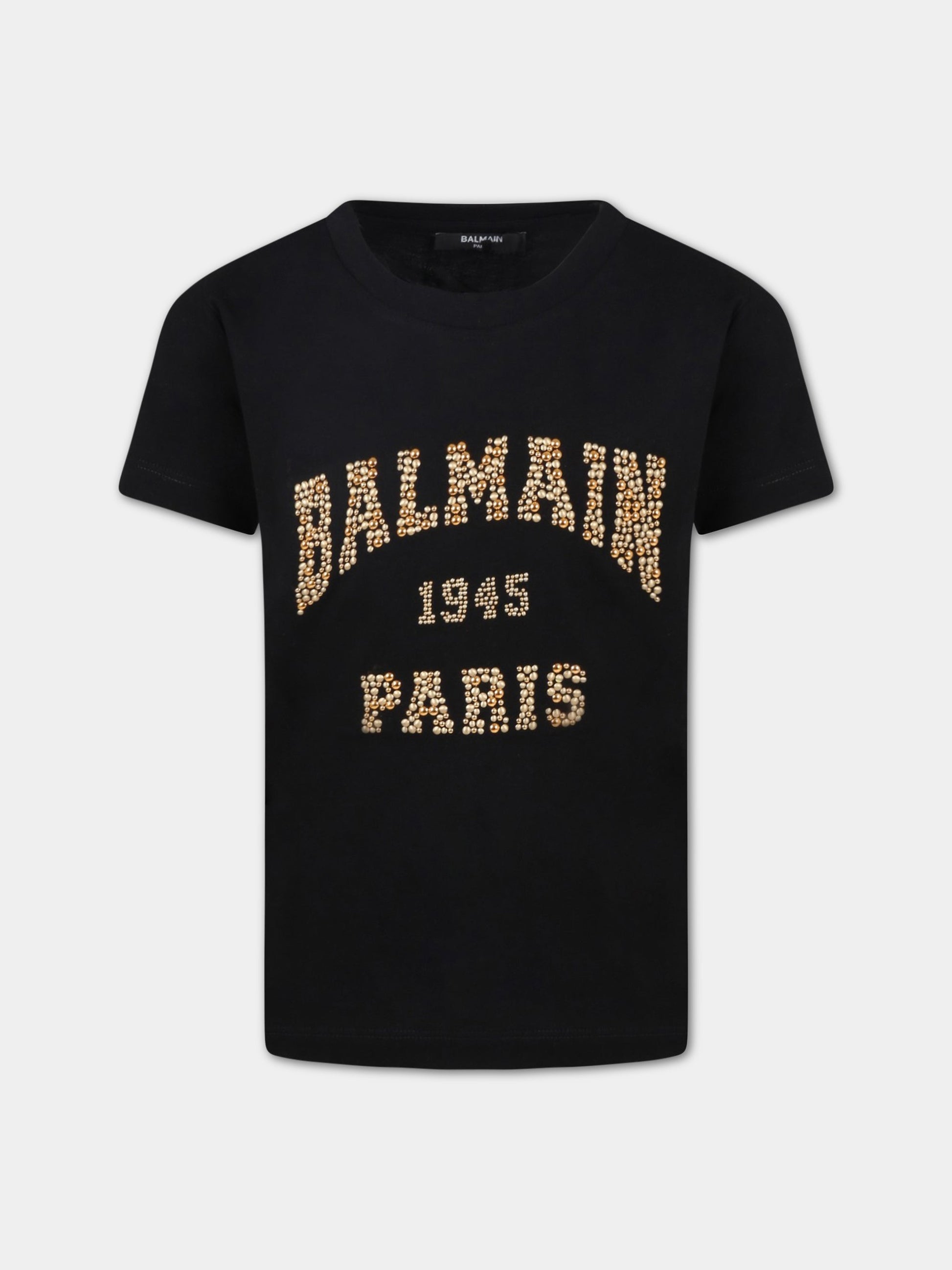 T-shirt nera per bambina con logo dorato,Balmain Kids,6Q8D11 J0006 930OR