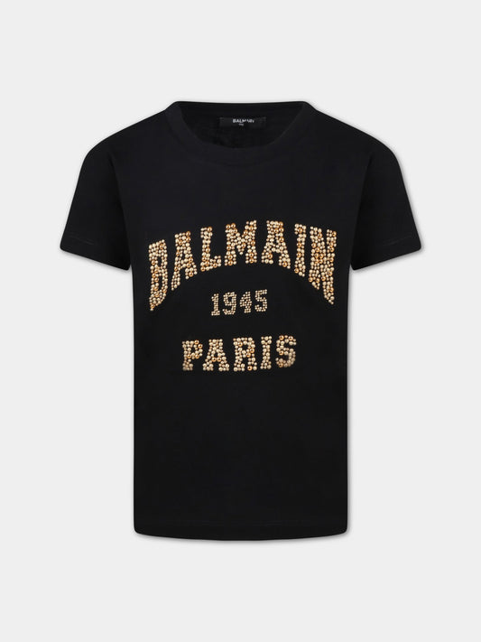 T-shirt nera per bambina con logo dorato,Balmain Kids,6Q8D11 J0006 930OR