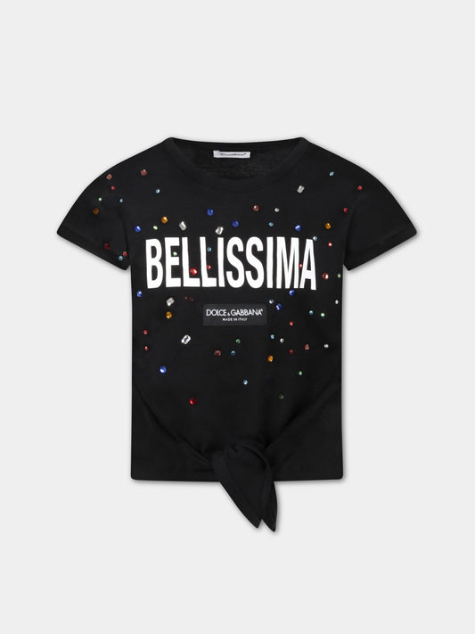 T-shirt nera per bambina con strass,Dolce & Gabbana Kids,L5JTIE G7B4M N0000