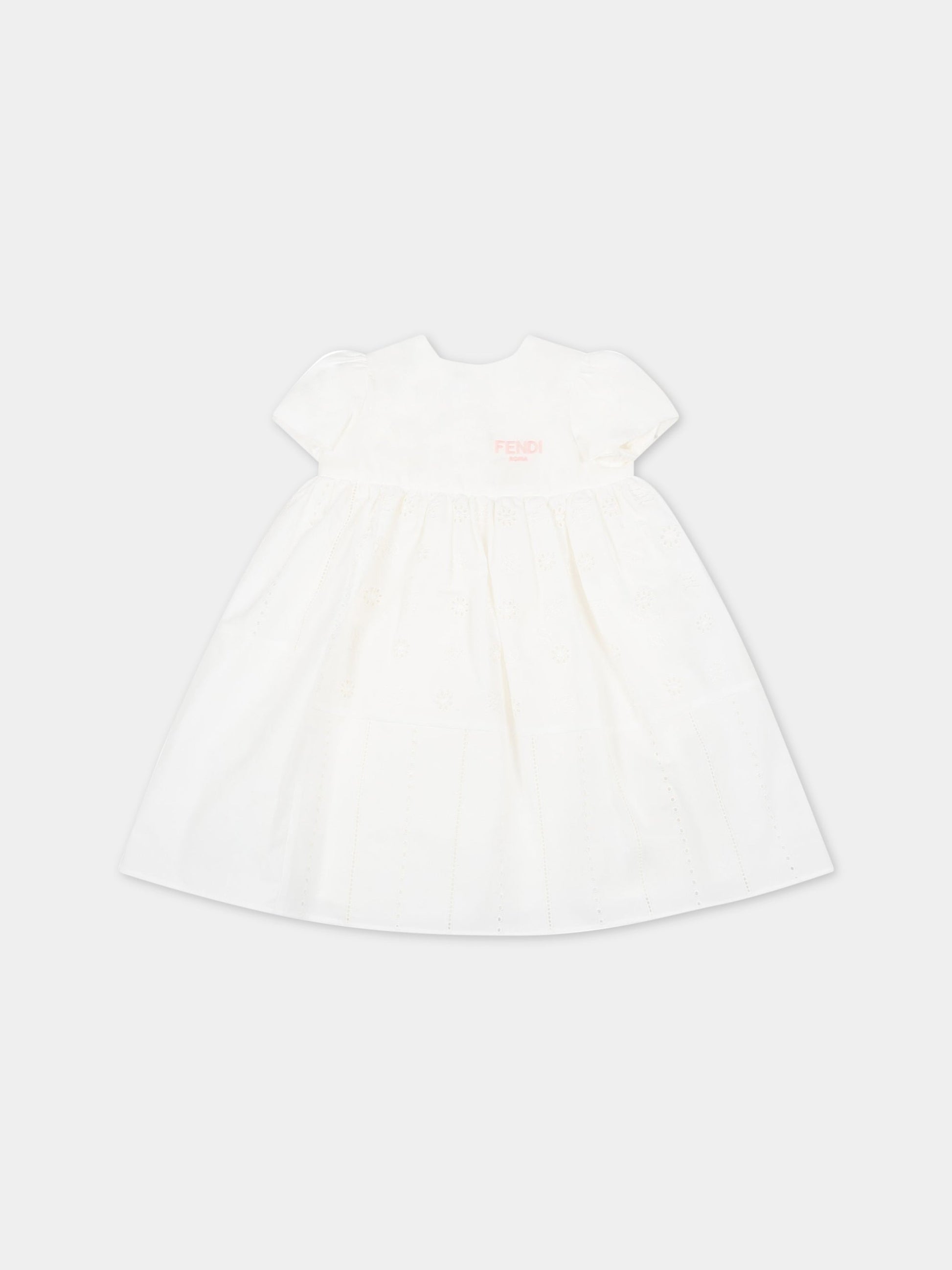 Vestito bianco per neonata con logo rosa,Fendi Kids,BFB396 AJ1C F0ZNM