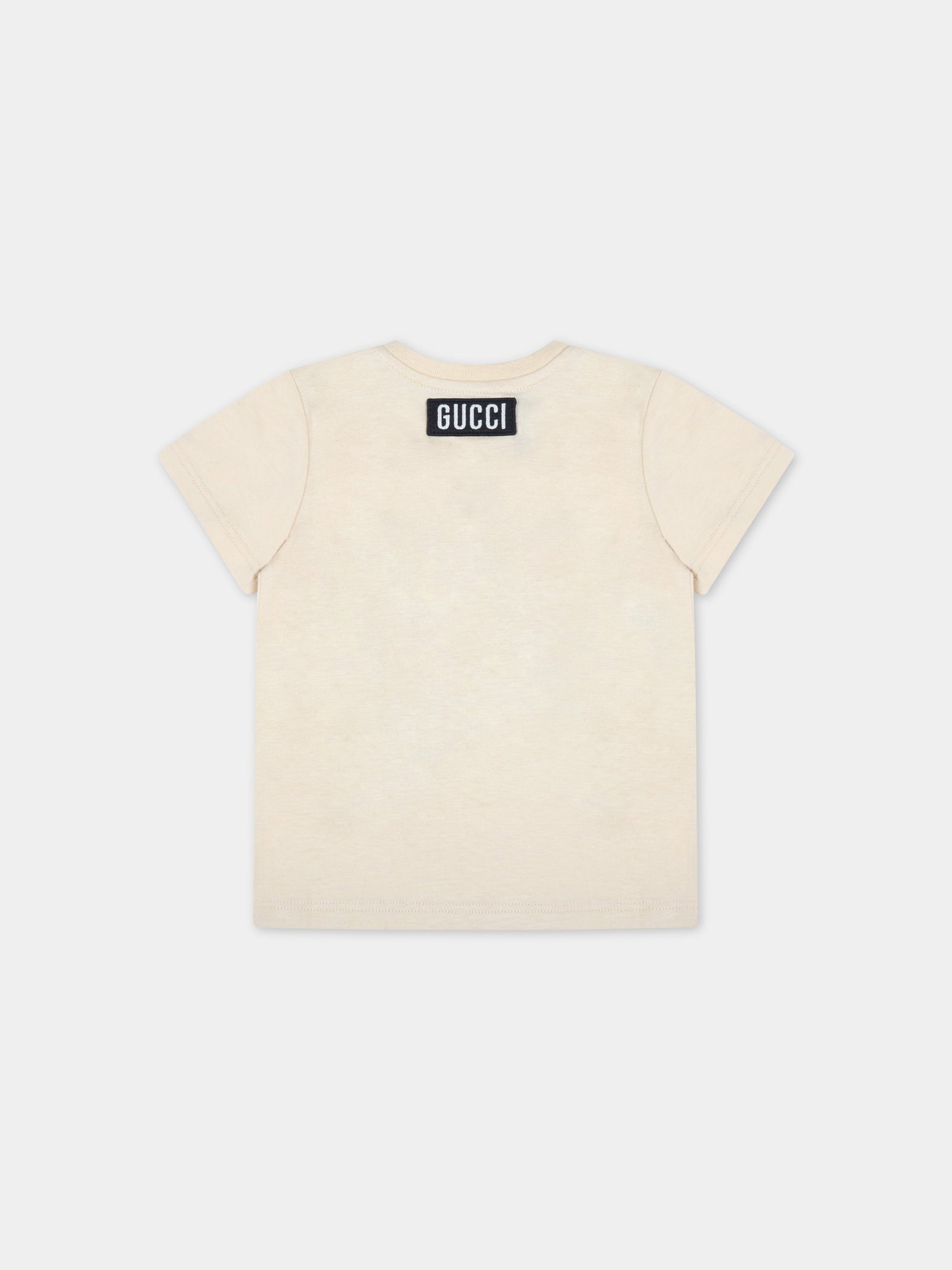 T-shirt beige per neonati con gatti e logo,Gucci Kids,548034 XJD2D 7193