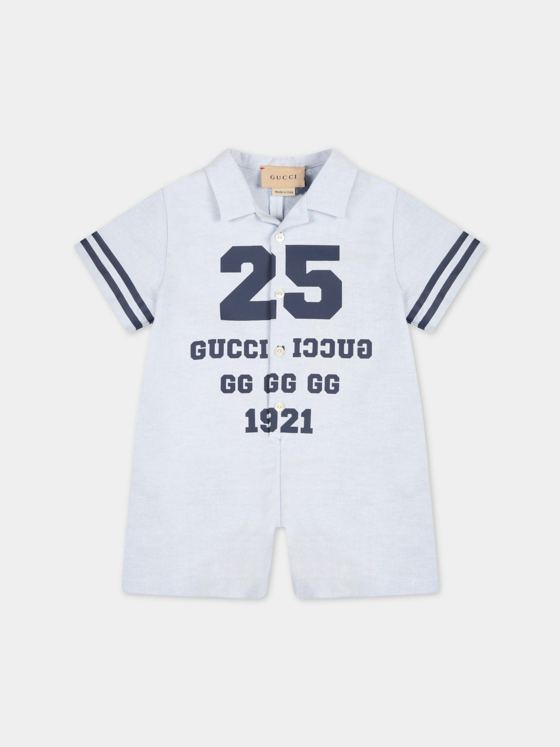 Pagliaccetto celeste per neonato con numero 25 e logo blu,Gucci Kids,677688 XWARI 4910