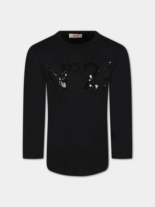 T-shirt nera per bambina con paillettes,N°21 Kids,N214AP N0080 0N900