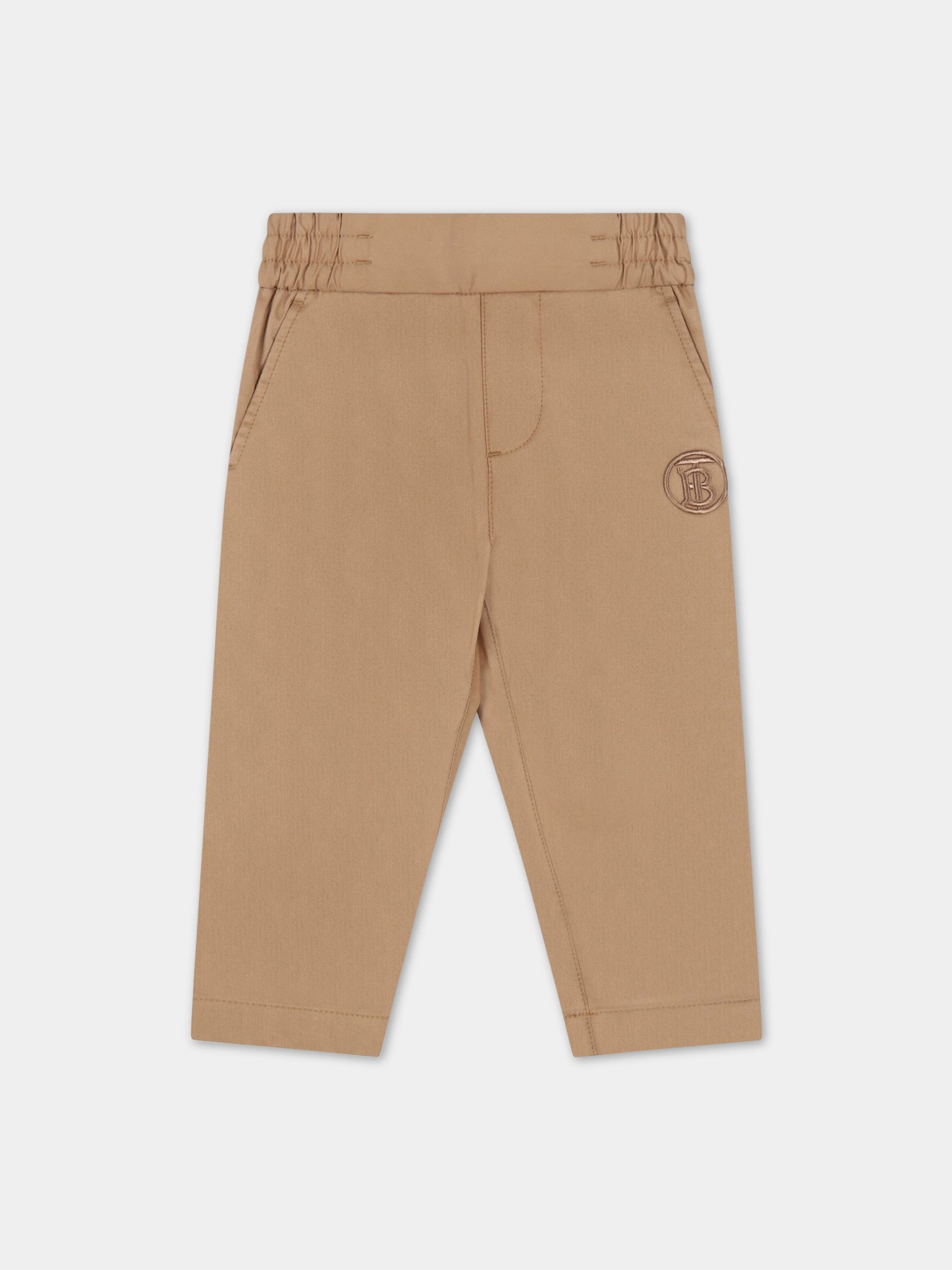 Pantaloni beige per neonato con logo ricamato,Burberry Kids,8053964