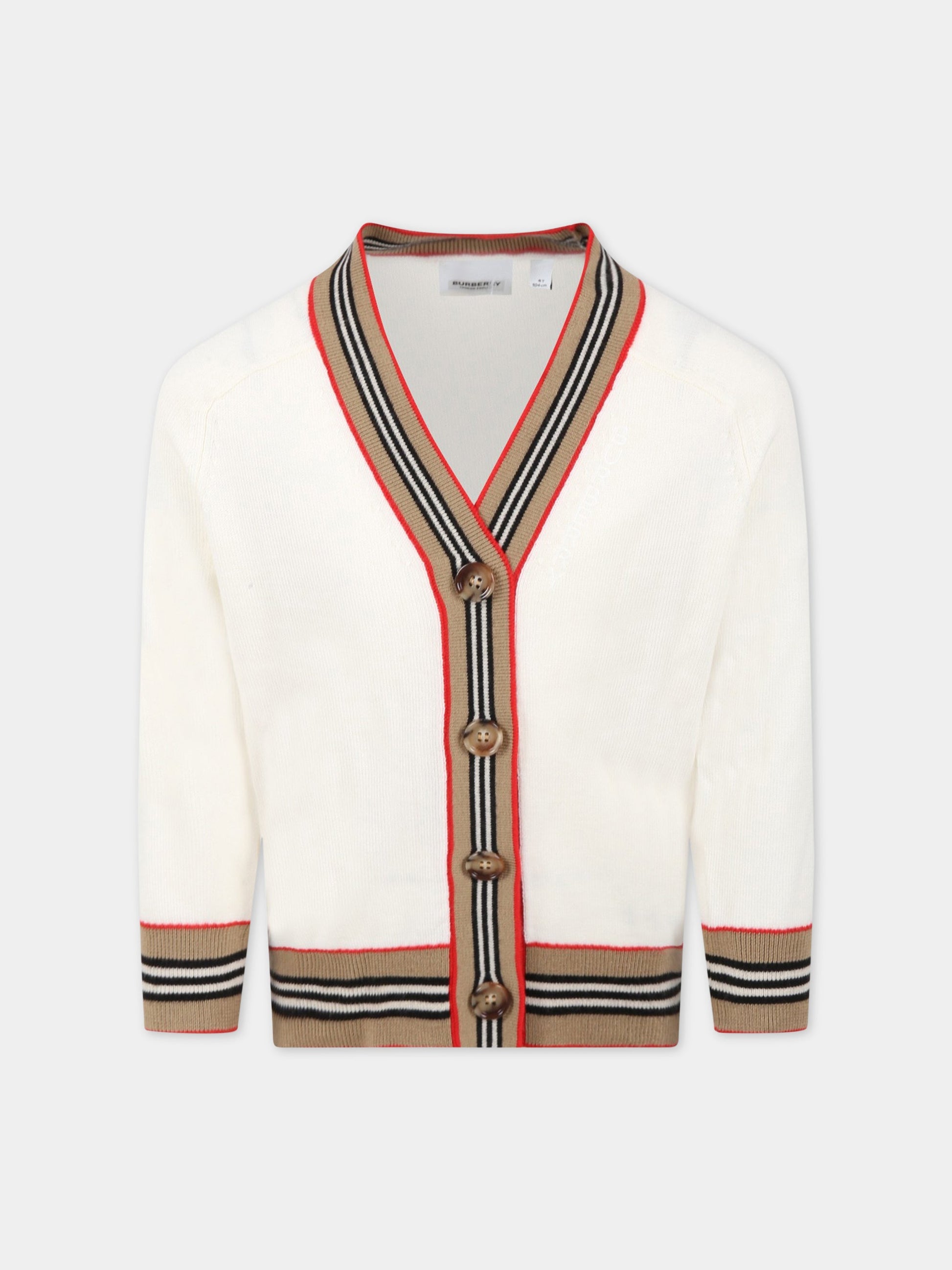 Cardigan avorio per bambino con logo bianco ricamato,Burberry Kids,8054222