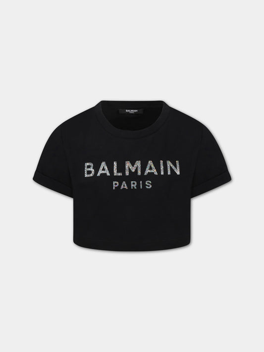 T-shirt nera per bambina con logo di strass,Balmain Kids,6R8A61 Z0057 930