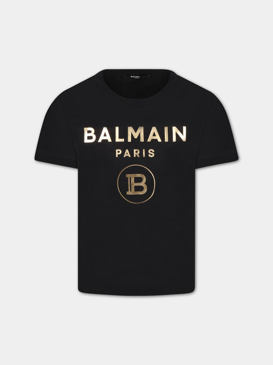 T-shirt nera per bambini con loghi dorati,Balmain Kids,6R8P21 Z0738 930OR