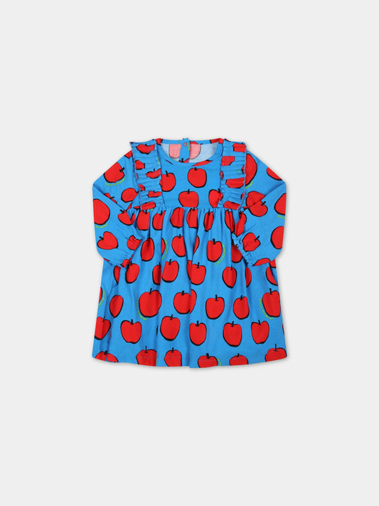 Vestito azzurro per neonata con mele rosse e logo giallo,Stella Mccartney Kids,8R1010 Z0471 618RO