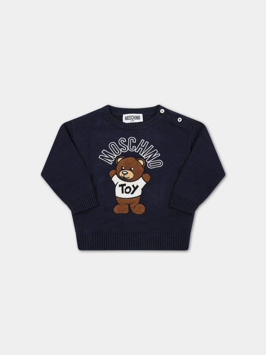 Maglione blu per neonati con teddy bear,Moschino Kids,MPW00J LHE05 40016