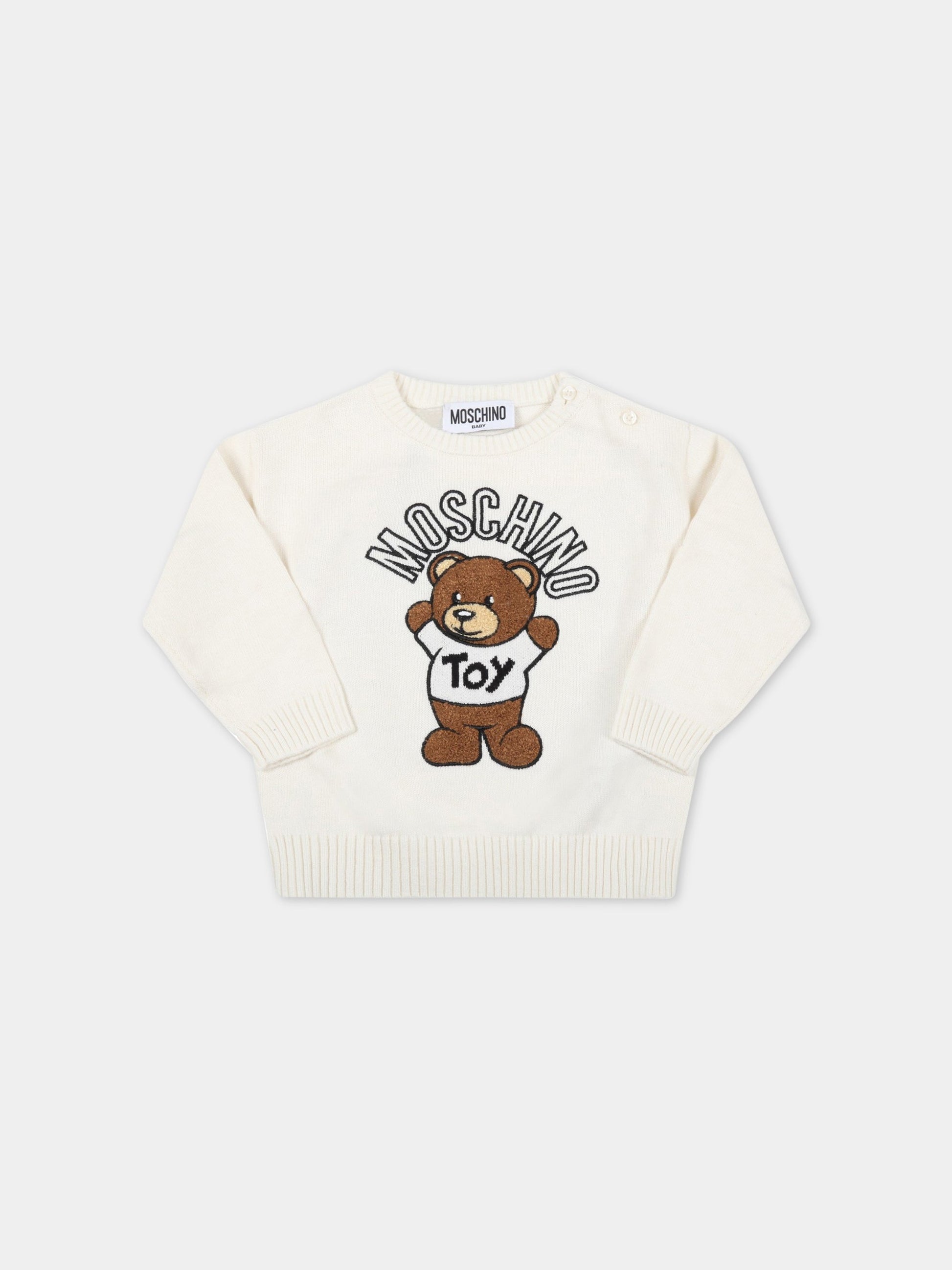 Maglione avorio per neonati con teddy bear,Moschino Kids,MPW00J LHE05 10063