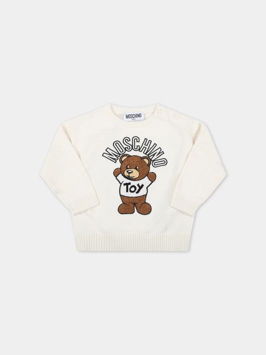 Maglione avorio per neonati con teddy bear,Moschino Kids,MPW00J LHE05 10063