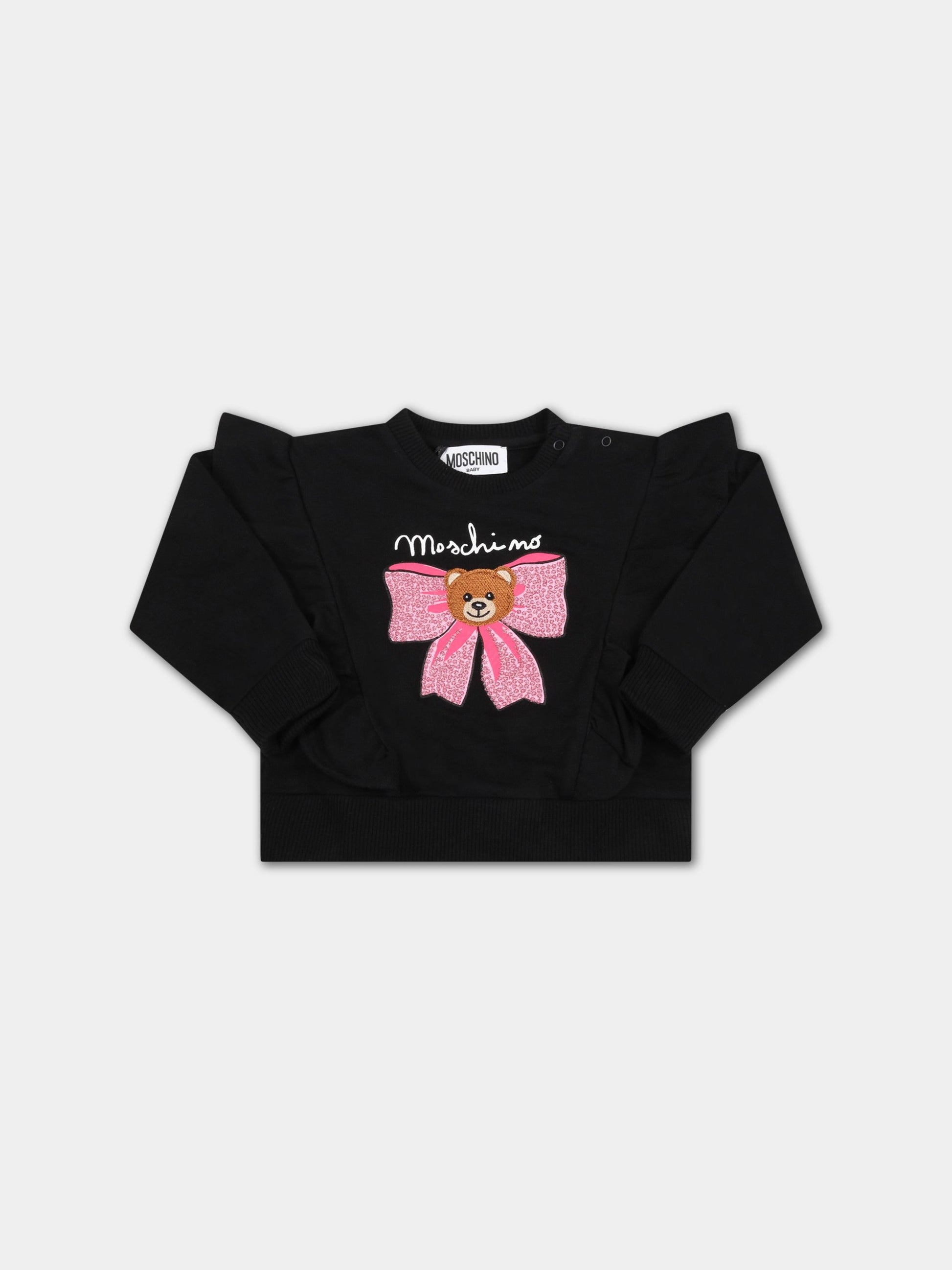 Completo nero per neonata con fiocco rosa e Teddy Bear,Moschino Kids,MDK027 LDA14 60100