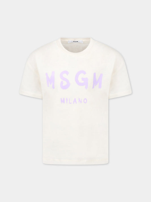 T-shirt avorio per bambina con logo,Msgm Kids,MS029080 013