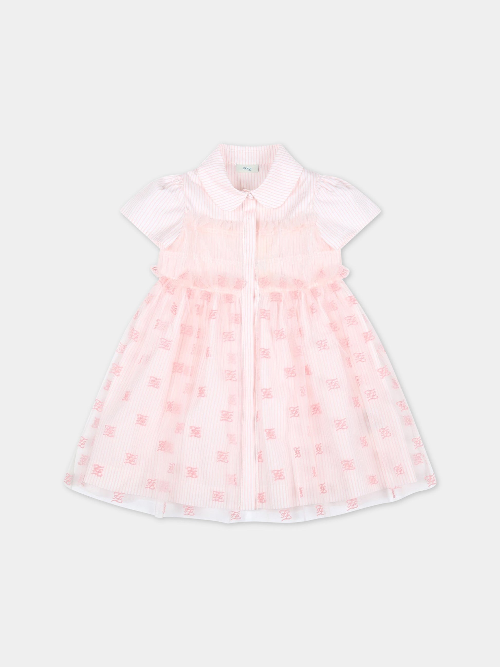 Vestito rosa per neonata con doppe FF ricamate,Fendi Kids,BFB395 AJ20 F11H0