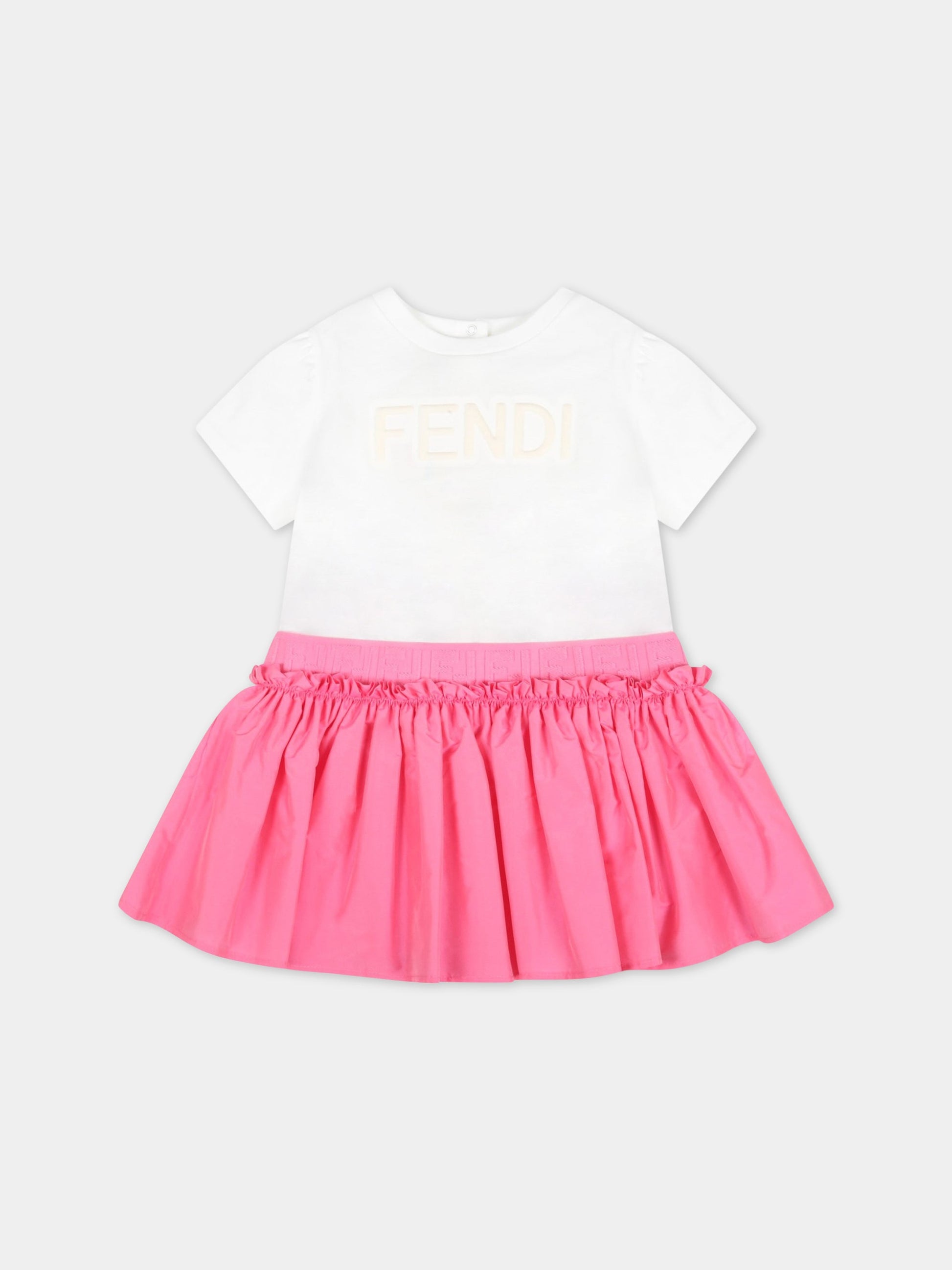 Vestito bianco per neonata con logo e gonna fucsia,Fendi Kids,BFB397 7AJ F1FZ5