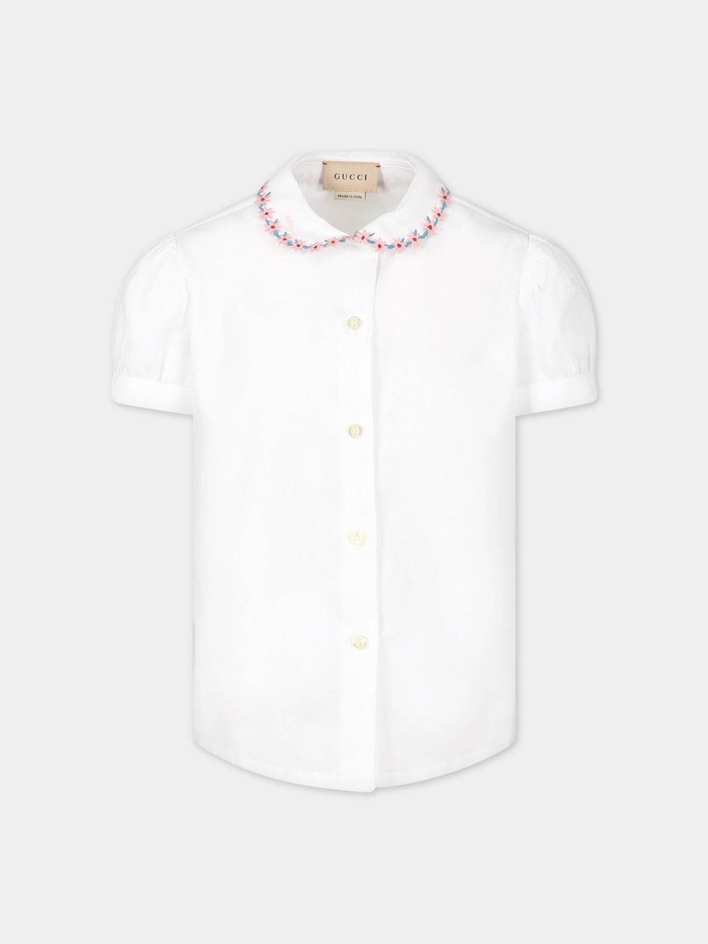 Camicia bianca per bambina con fiori e logo ricamati,Gucci Kids,717971 XWAV7 9618