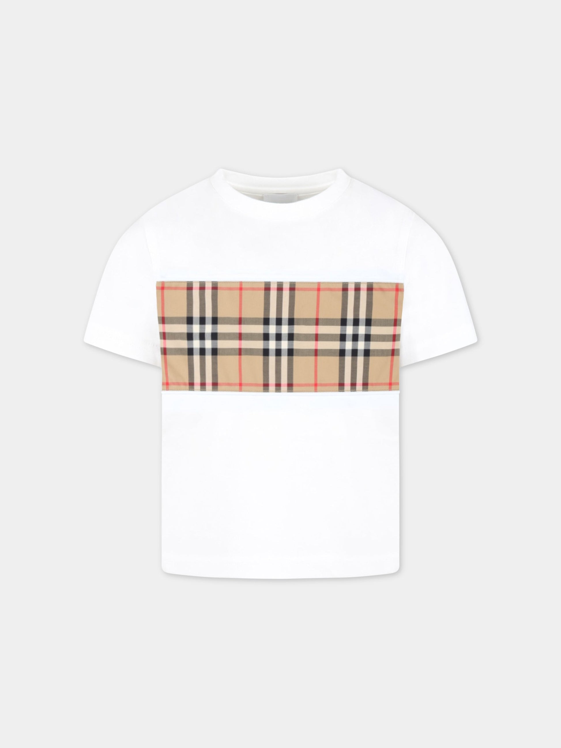 T-shirt bianca per bambini con check vintage e logo nero,Burberry Kids,8064783