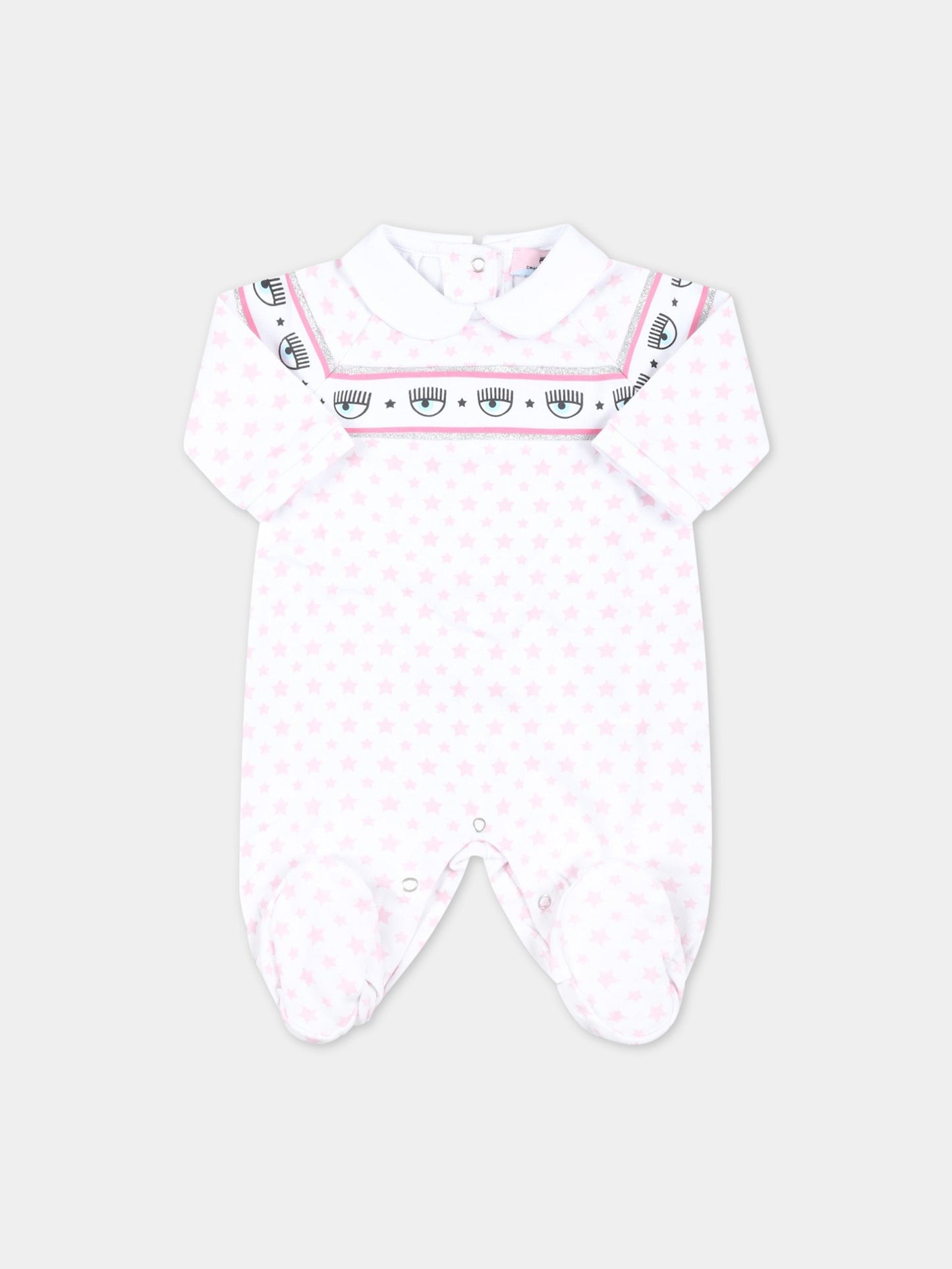 Tutina bianca per neonata con stelle rosa,Chiara Ferragni Collection,55A201 1001 9990