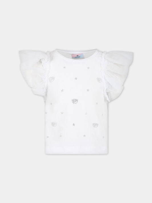 T-shirt bianca per bambina con iconici occhiolini e stelle,Chiara Ferragni Collection,51A607 1201 0099