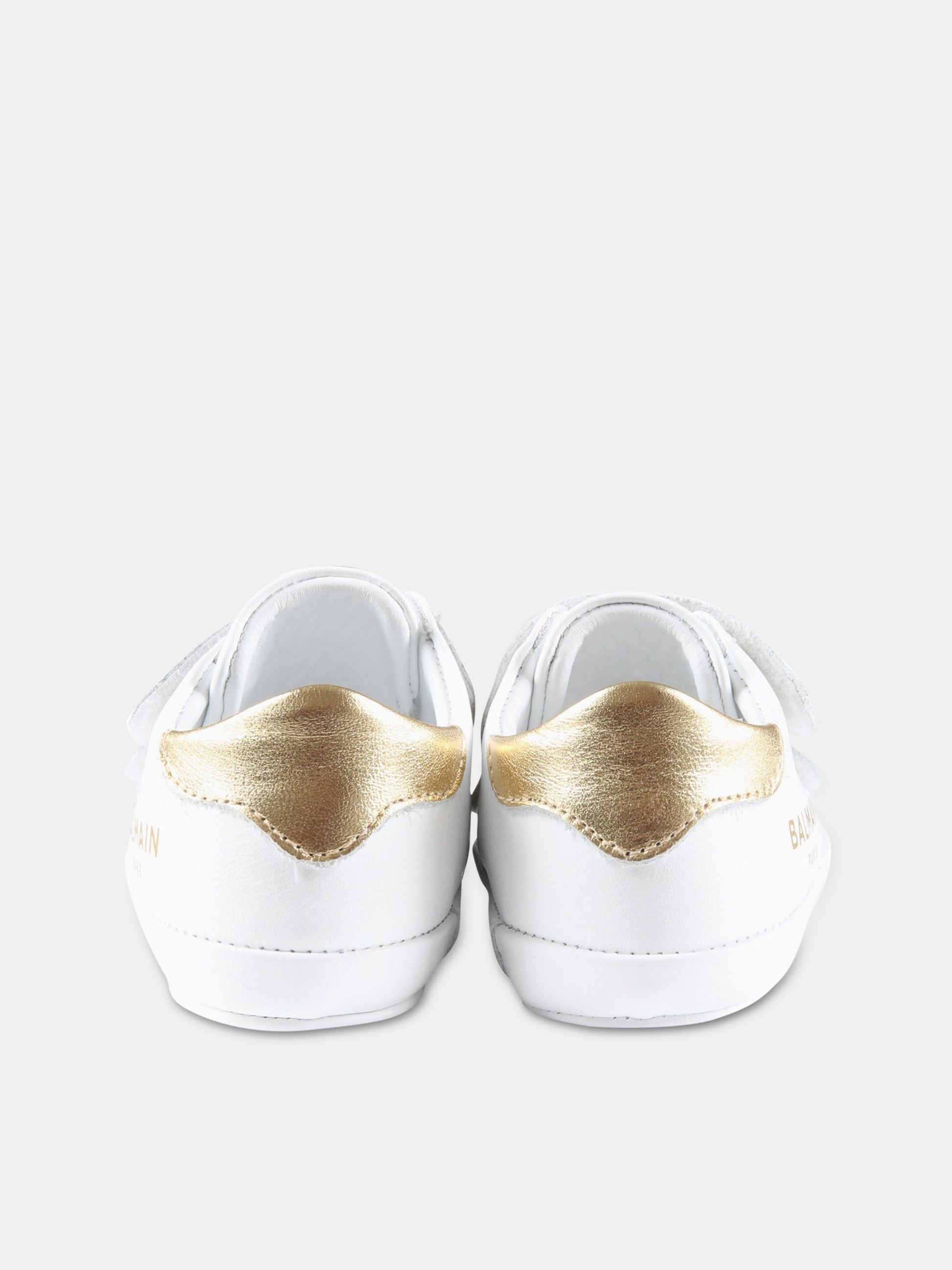 Sneakers bianche da culla per neonato con logo dorato,Balmain Kids,BS0586 Y0051 100OR