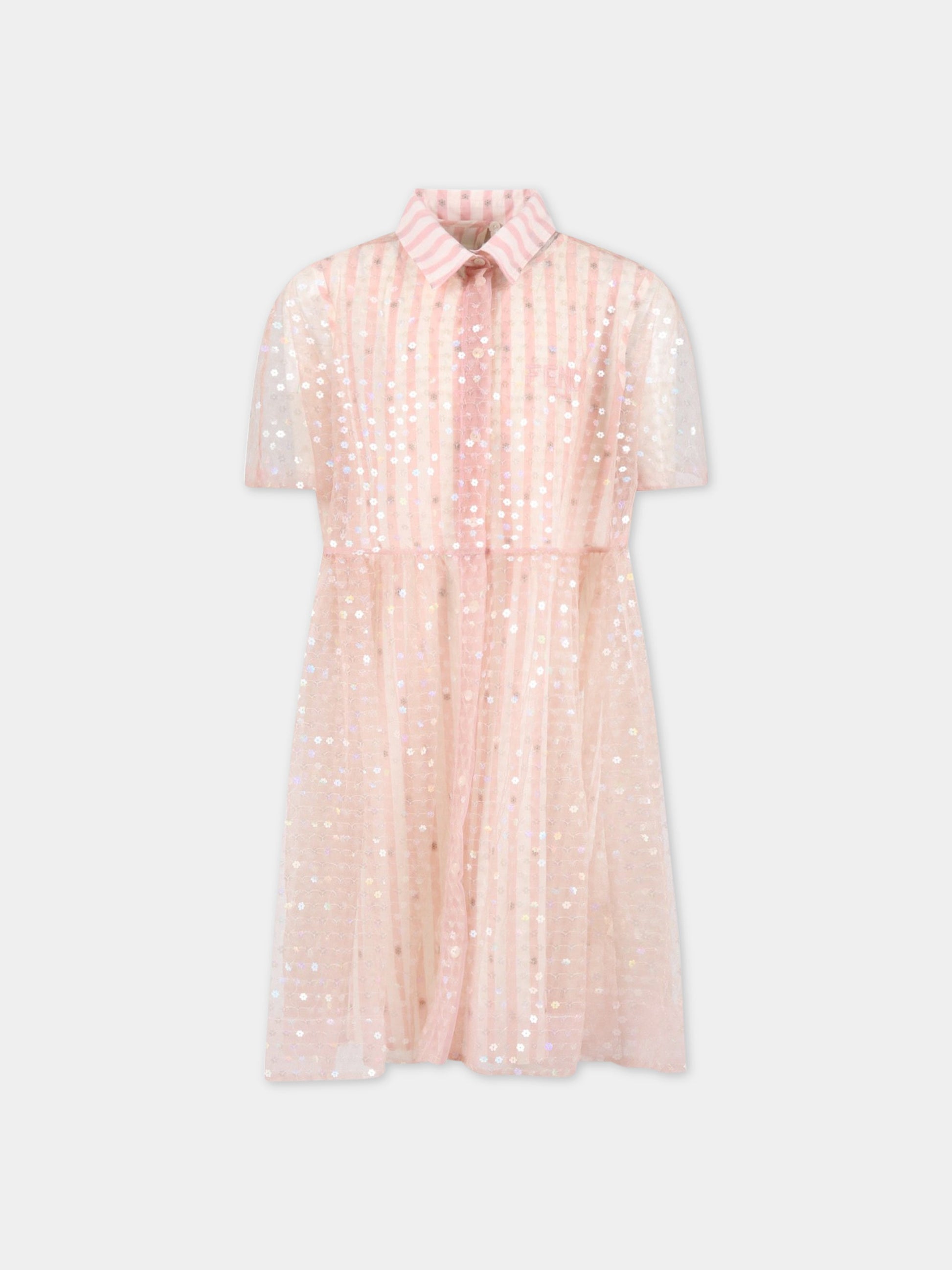 Vestito rosa per bambina con logo e paillettes,Fendi Kids,JFB562 ALO8 F16WG