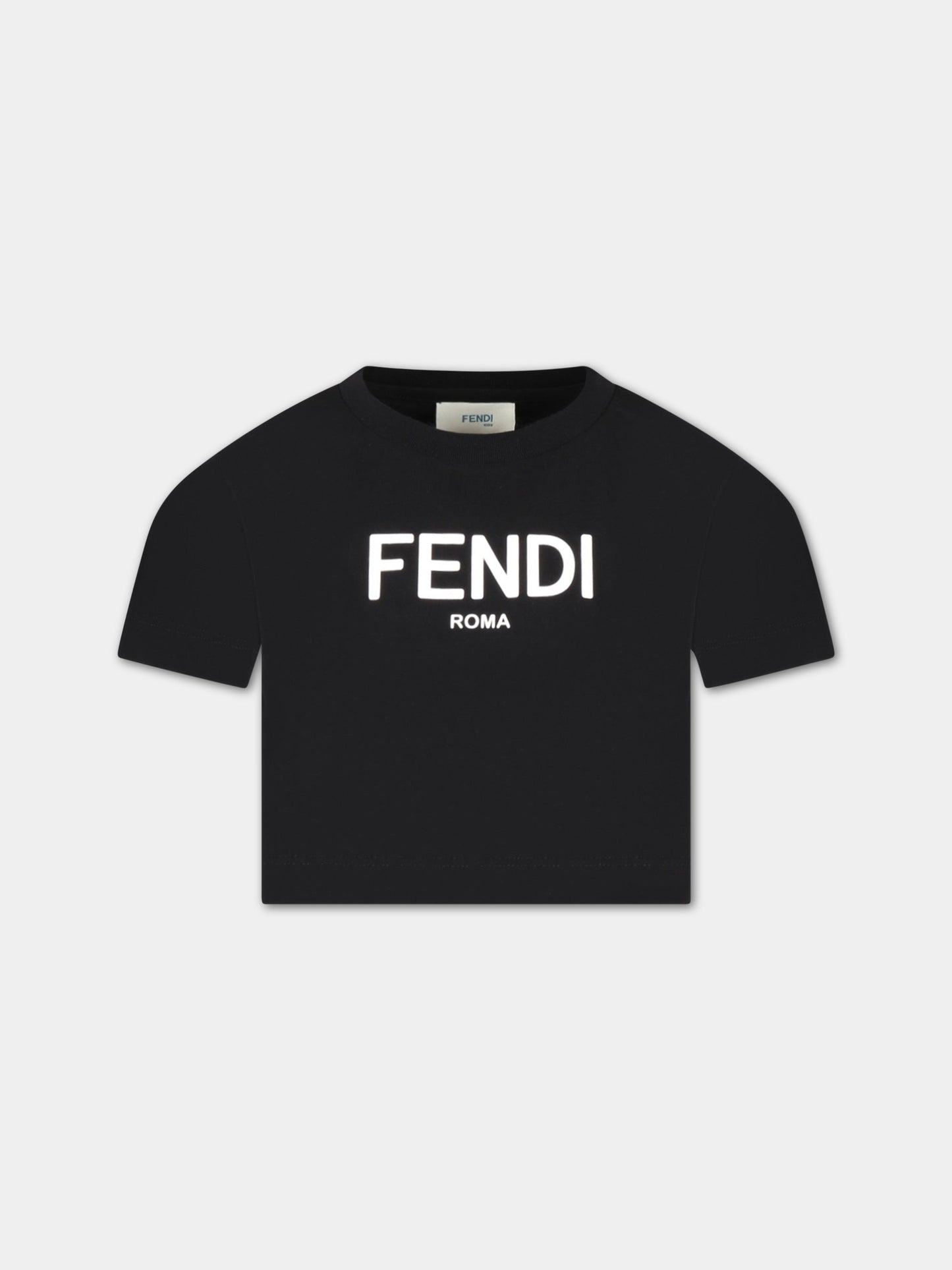 T-shirt nera corta per bambina con logo bianco FF,Fendi Kids,JFI276 7AJ F0GME