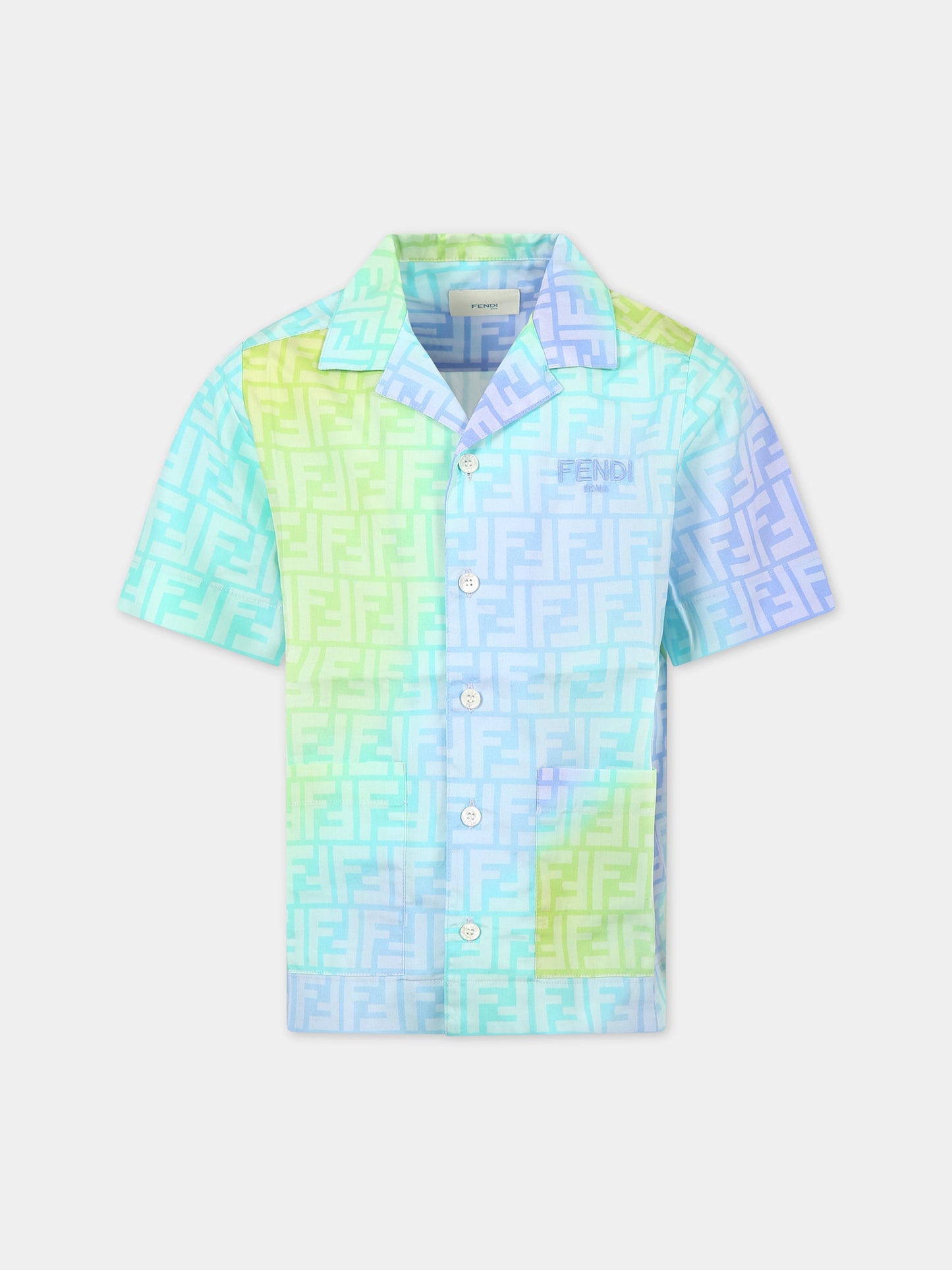Camicia multicolor per bambino con iconiche doppie FF,Fendi Kids,JUC012 ALOE F1JDE