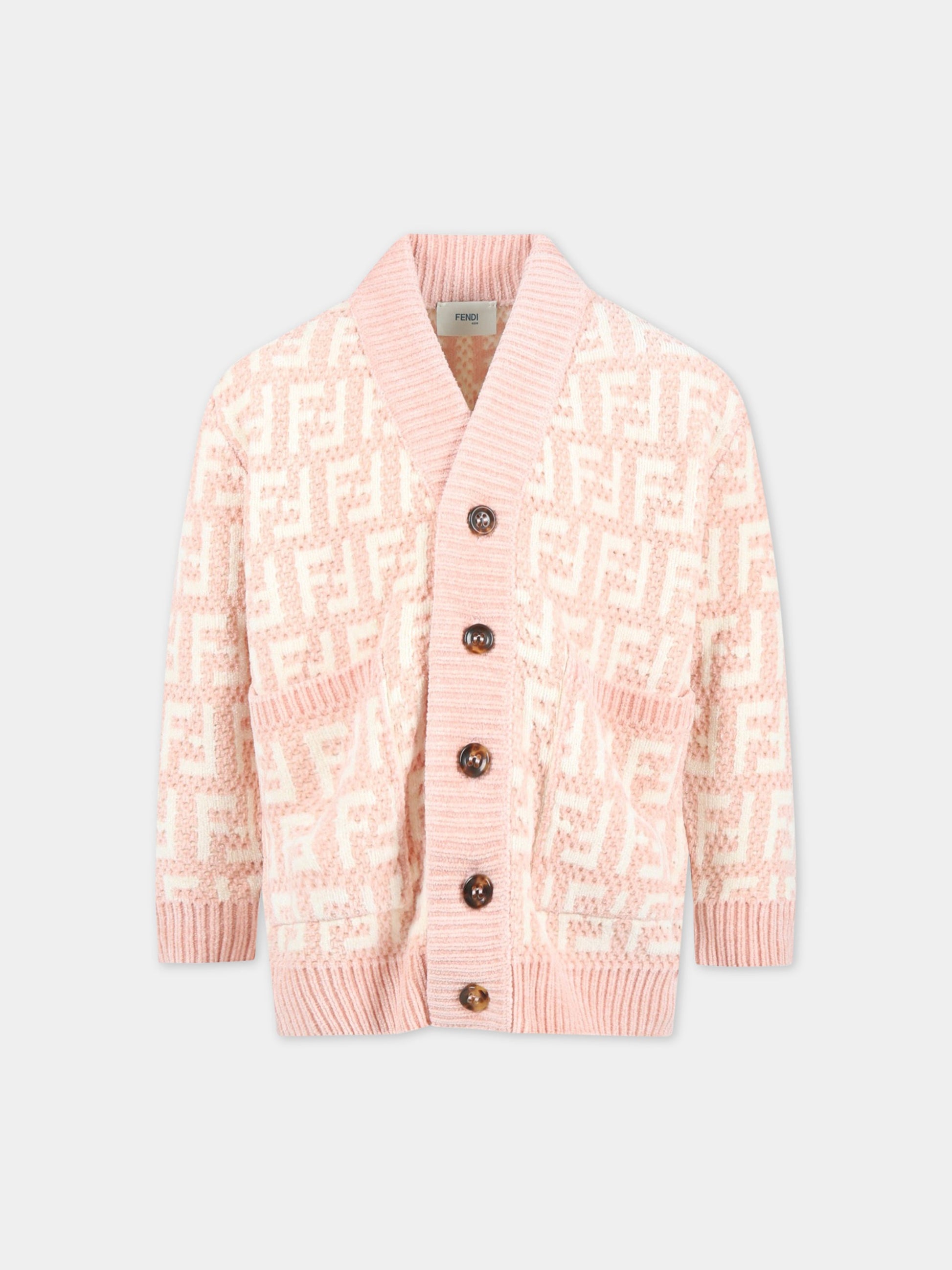 Cardigan rosa per bambina con FF bianche,Fendi Kids,JUG042 AMHA F1JDB