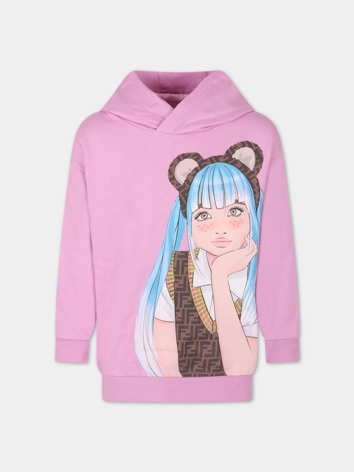 Felpa fucsia per bambina con stampa,Fendi Kids,JFH137 5V0 F10WJ