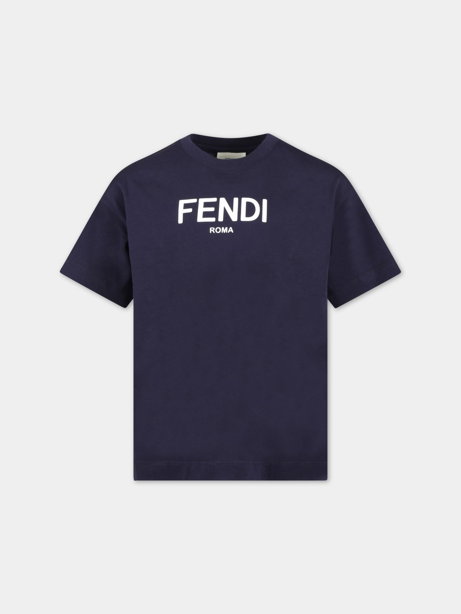 T-shirt blu per bambini con logo bianco,Fendi Kids,JUI137 7AJ F0QB0