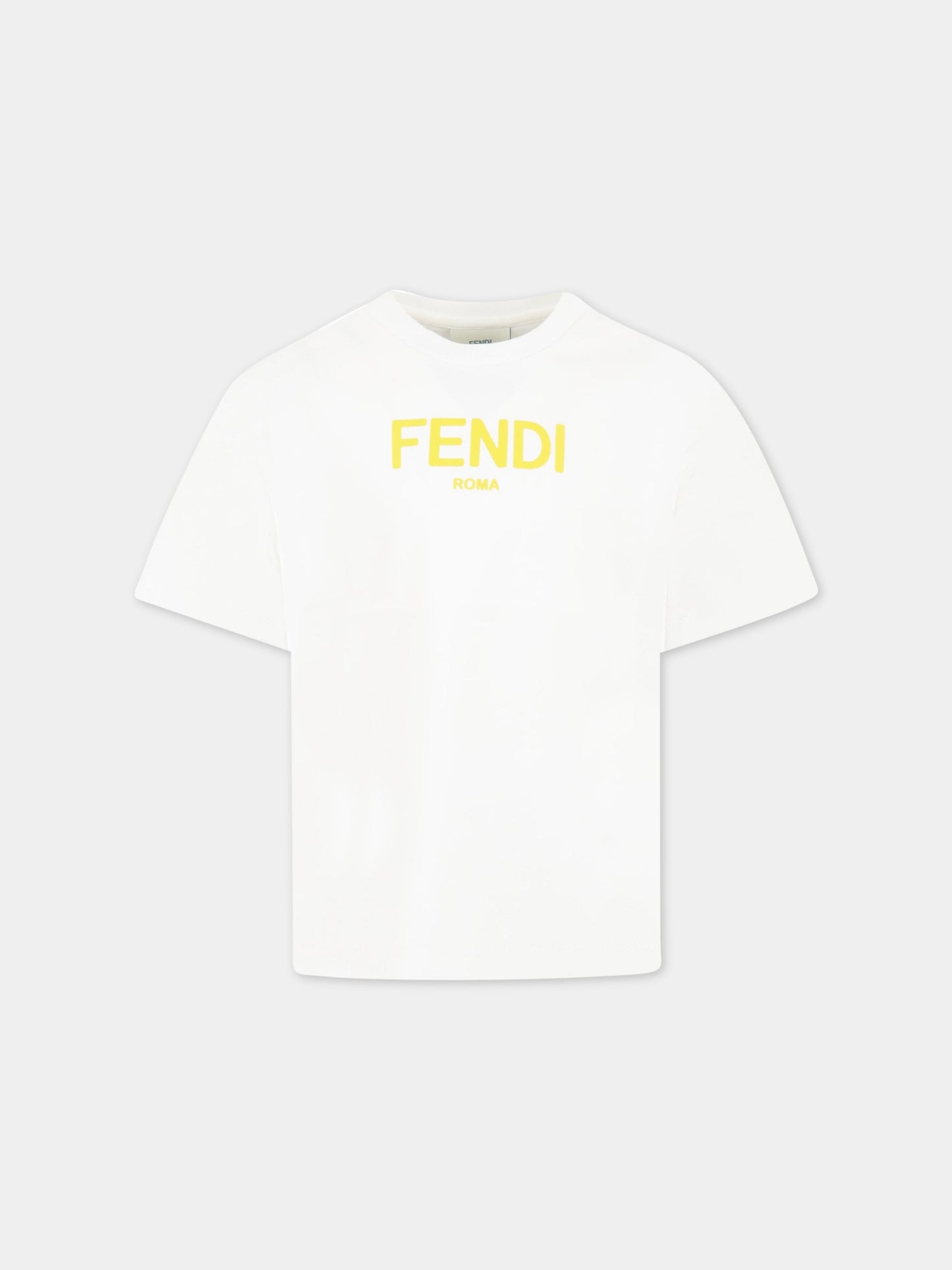 T-shirt bianca per bambini con logo giallo,Fendi Kids,JUI137 7AJ F0TU9