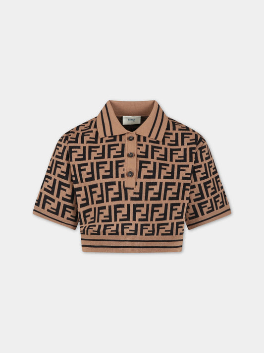 Maglione marrone per bambina con FF nere,Fendi Kids,JFG113 AEYD F15B6