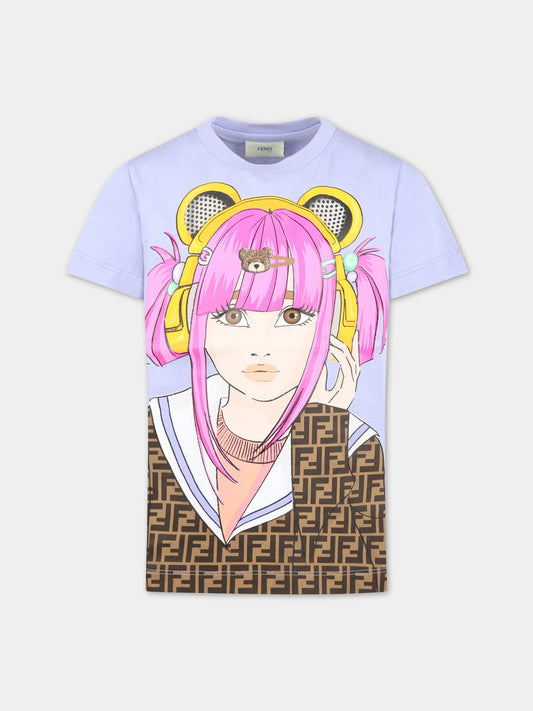 T-shirt viola per bambina con stampa,Fendi Kids,JFI280 7AJ F0QYE