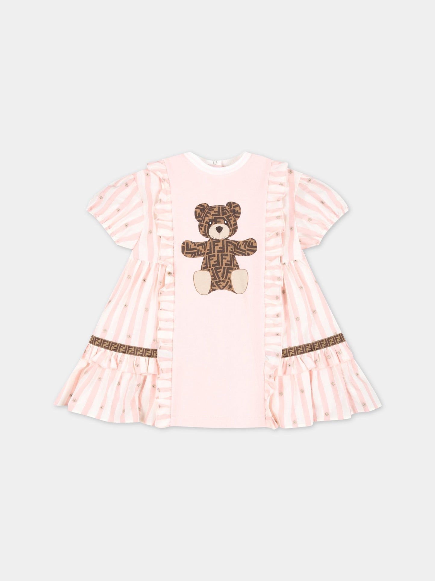 Vestito rosa per neonata con orso marrone e FF,Fendi Kids,BFB438 5V0 F16WG