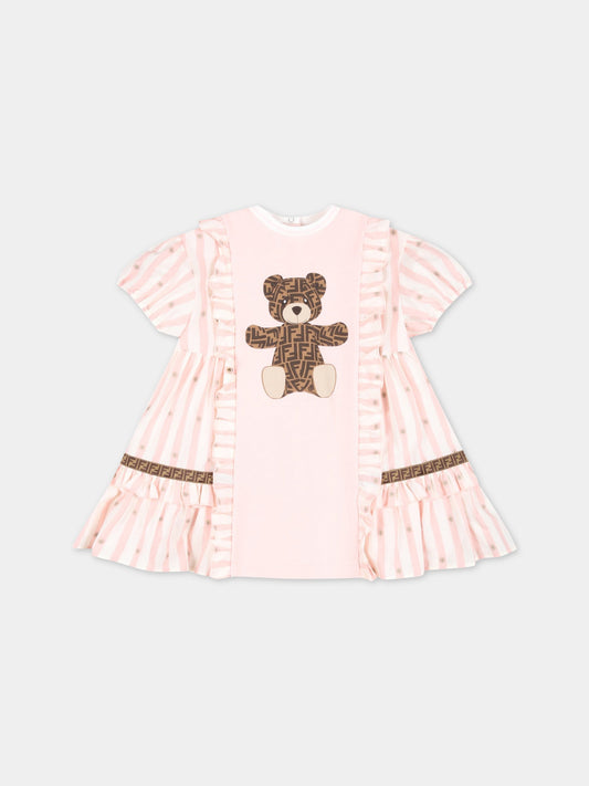 Vestito rosa per neonata con orso marrone e FF,Fendi Kids,BFB438 5V0 F16WG