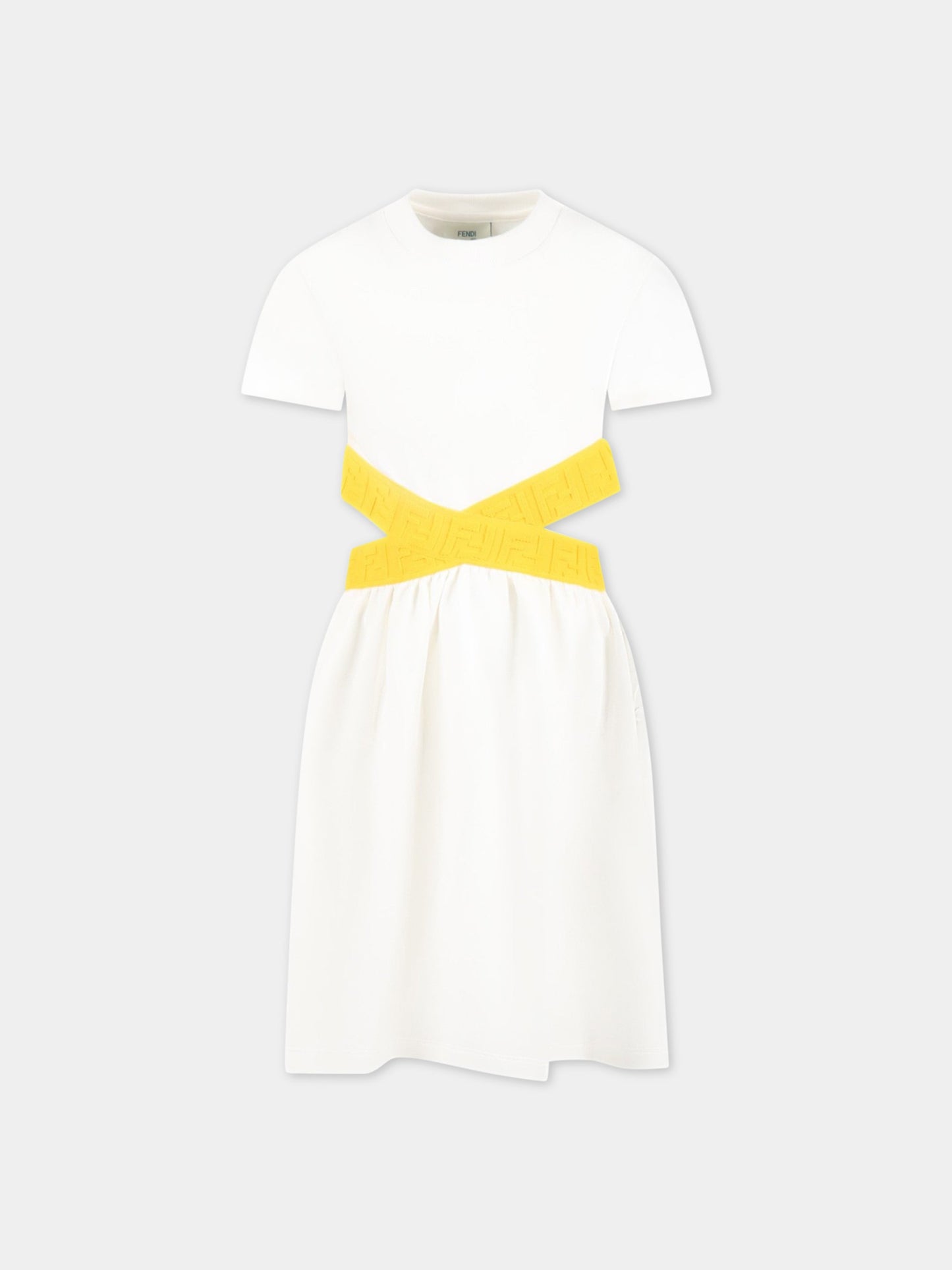 Vestito bianco per bambina con logo giallo,Fendi Kids,JFB501 5V0 F1JDY