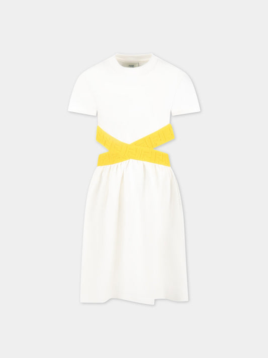 Vestito bianco per bambina con logo giallo,Fendi Kids,JFB501 5V0 F1JDY