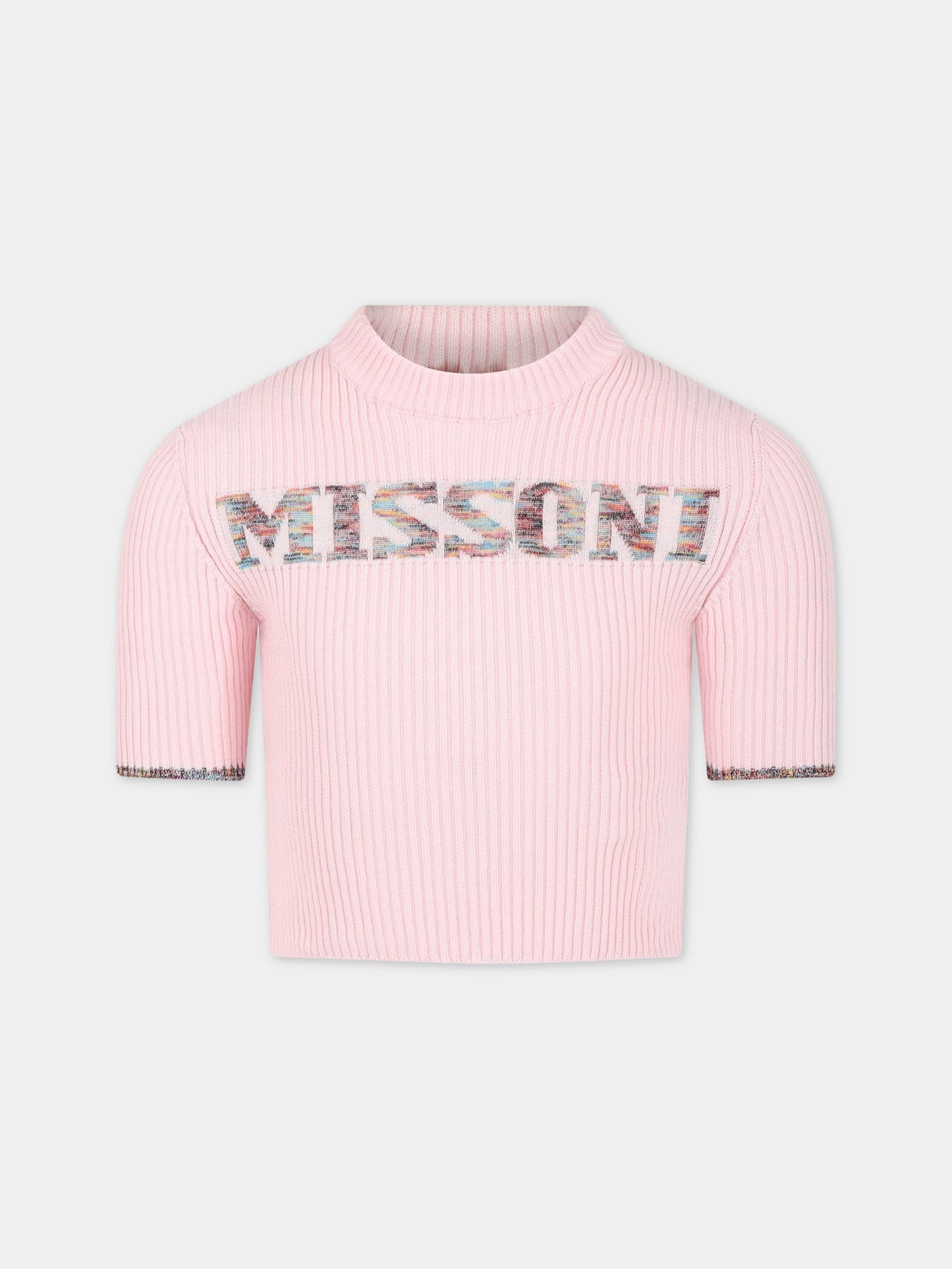 Maglione rosa per bambina con logo multicolor ricamato,Missoni,MS9A11 X0007 501