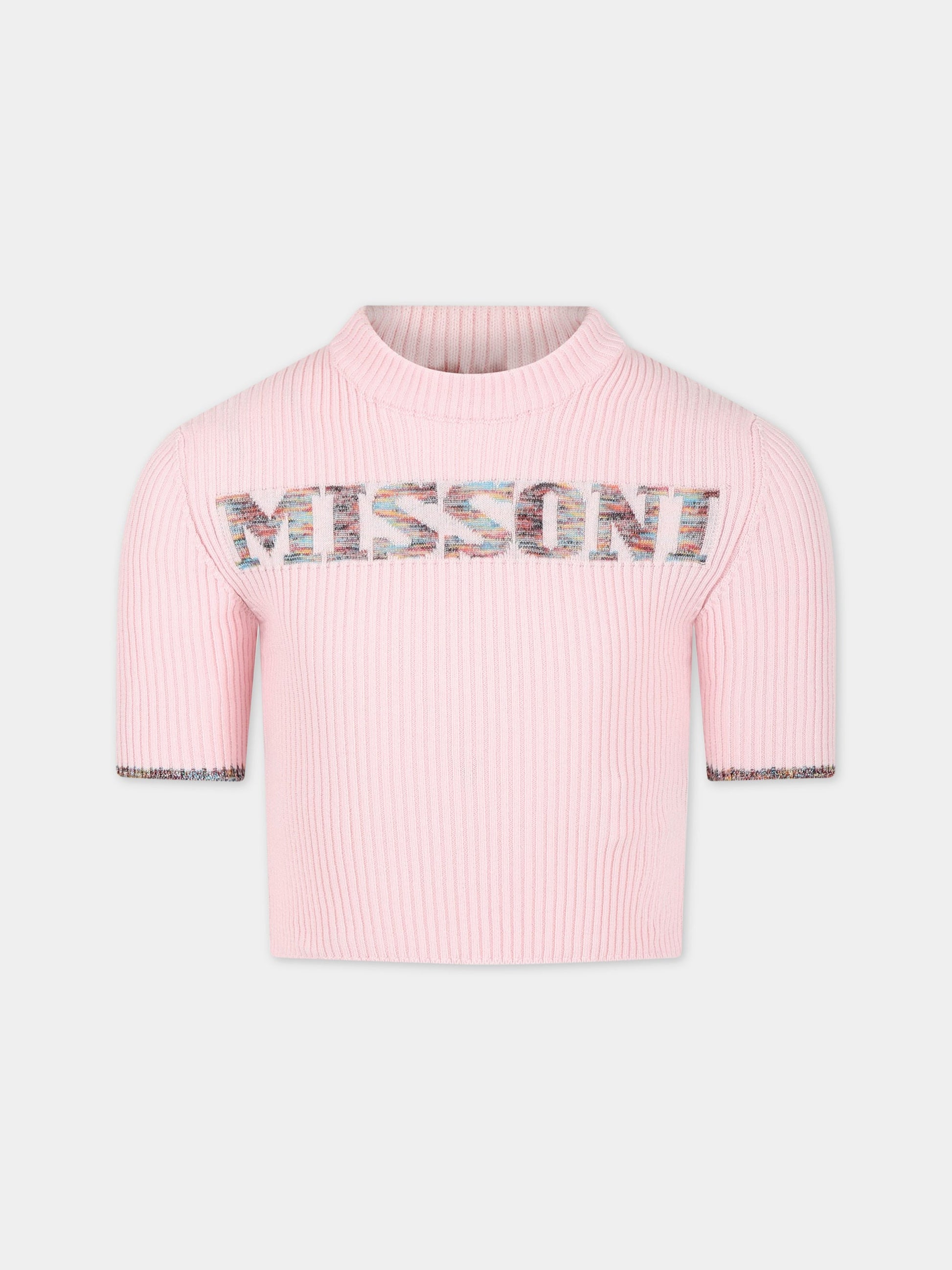 Maglione rosa per bambina con logo multicolor ricamato,Missoni,MS9A11 X0007 501