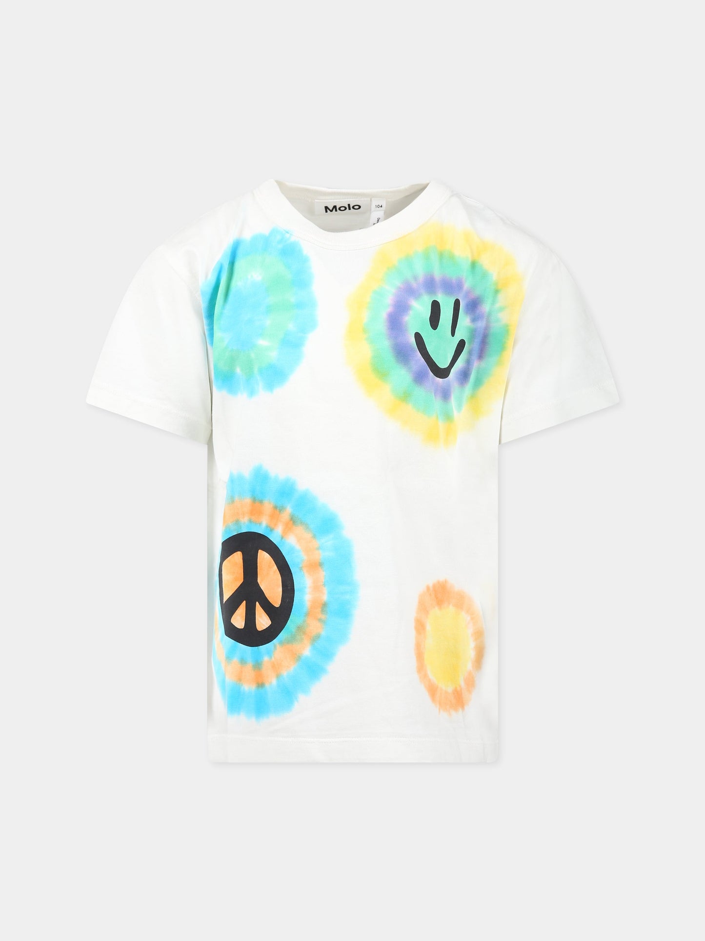 T-shirt avorio per bambini con stampa tie-dye, simbolo della pace e smile,Molo,6S23A213 7955