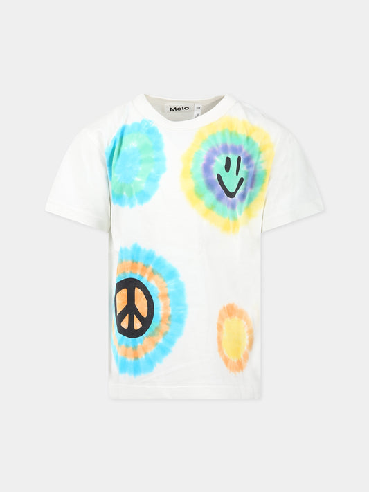 T-shirt avorio per bambini con stampa tie-dye, simbolo della pace e smile,Molo,6S23A213 7955