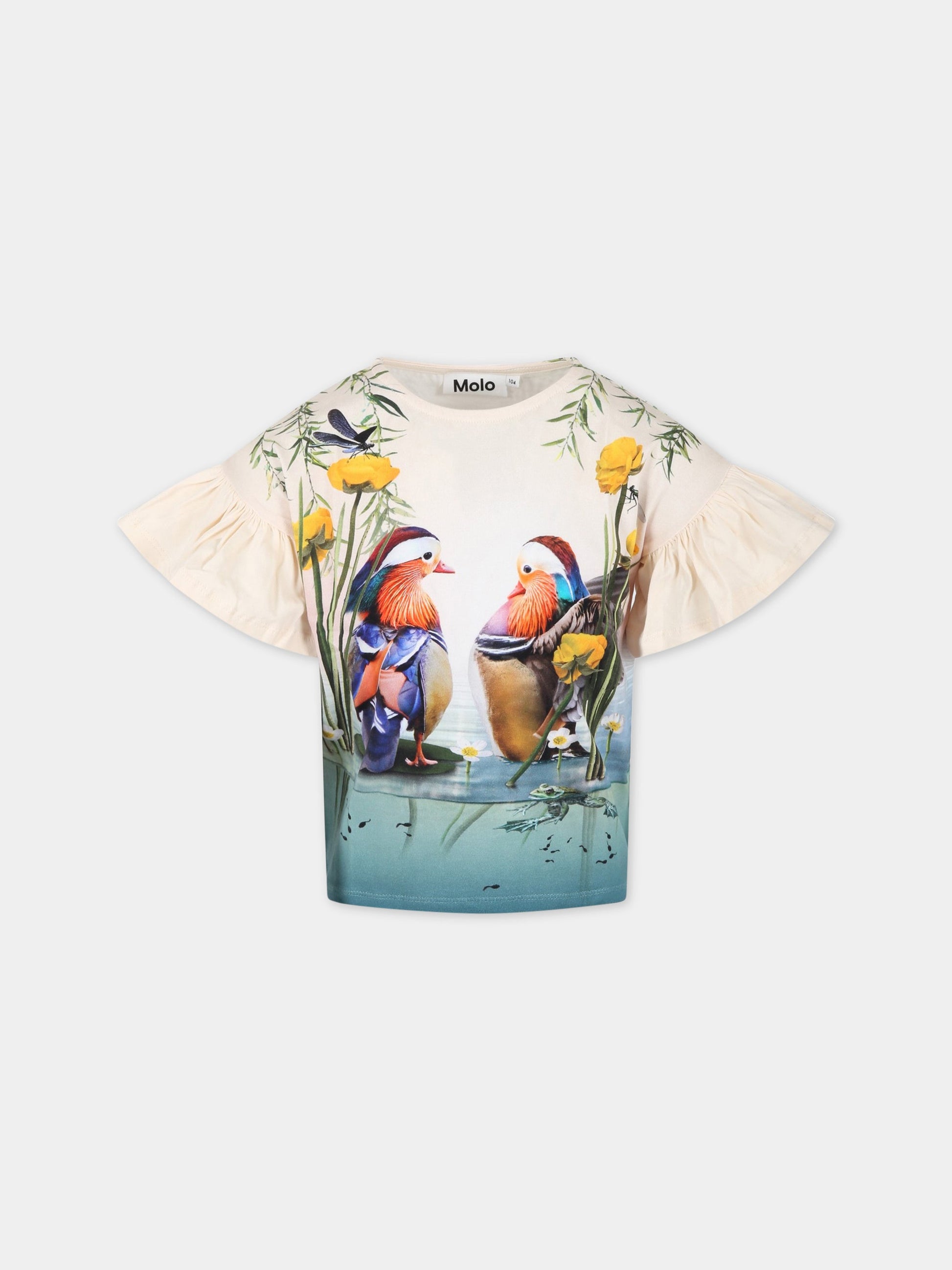 T-shirt avorio per bambina con uccelli e patch logato,Molo,2S23A214 7974