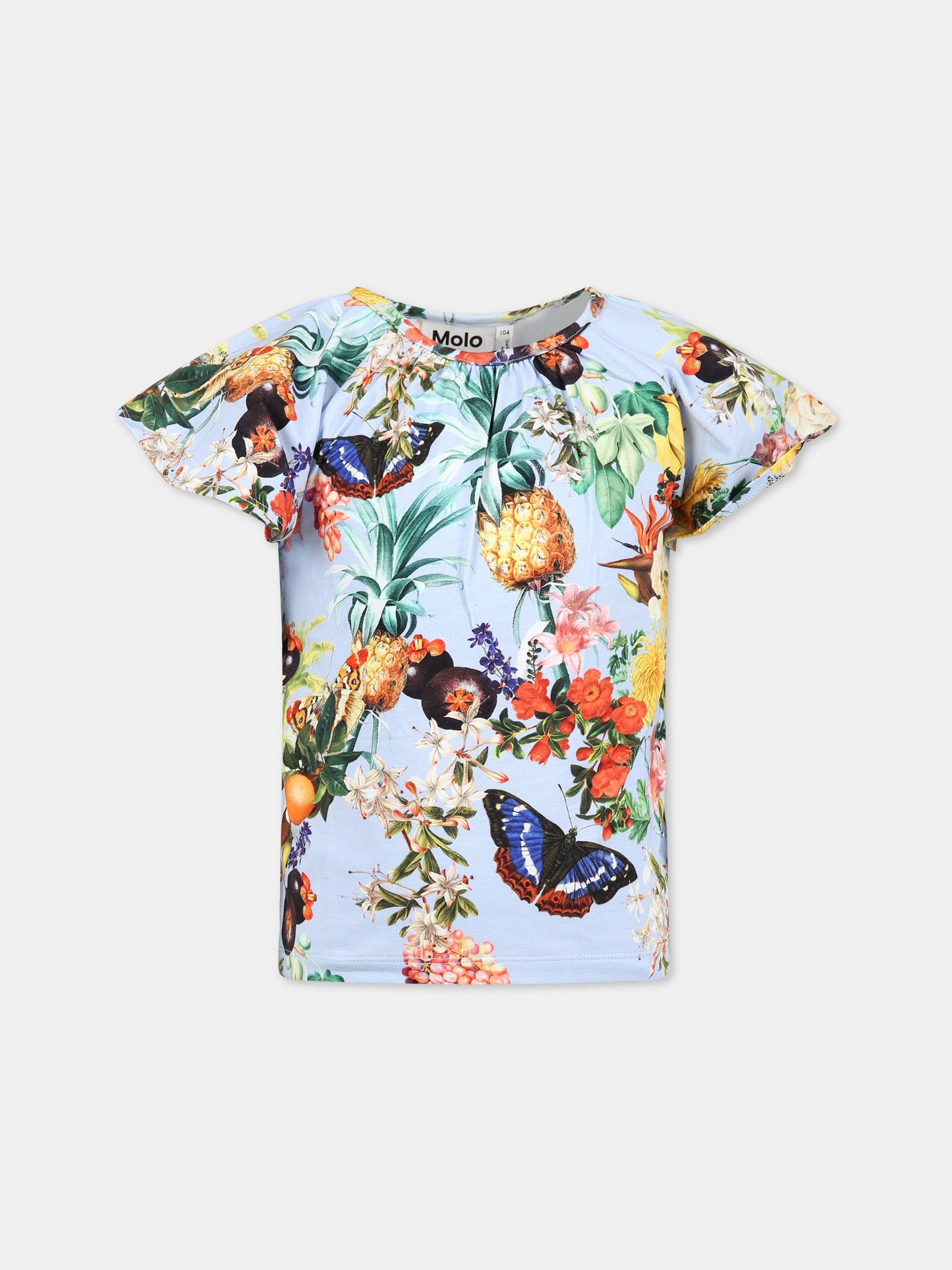 T-shirt multicolor per bambina con stampa frutta tropicale, fiori e farfalle,Molo,2S23A223 6743